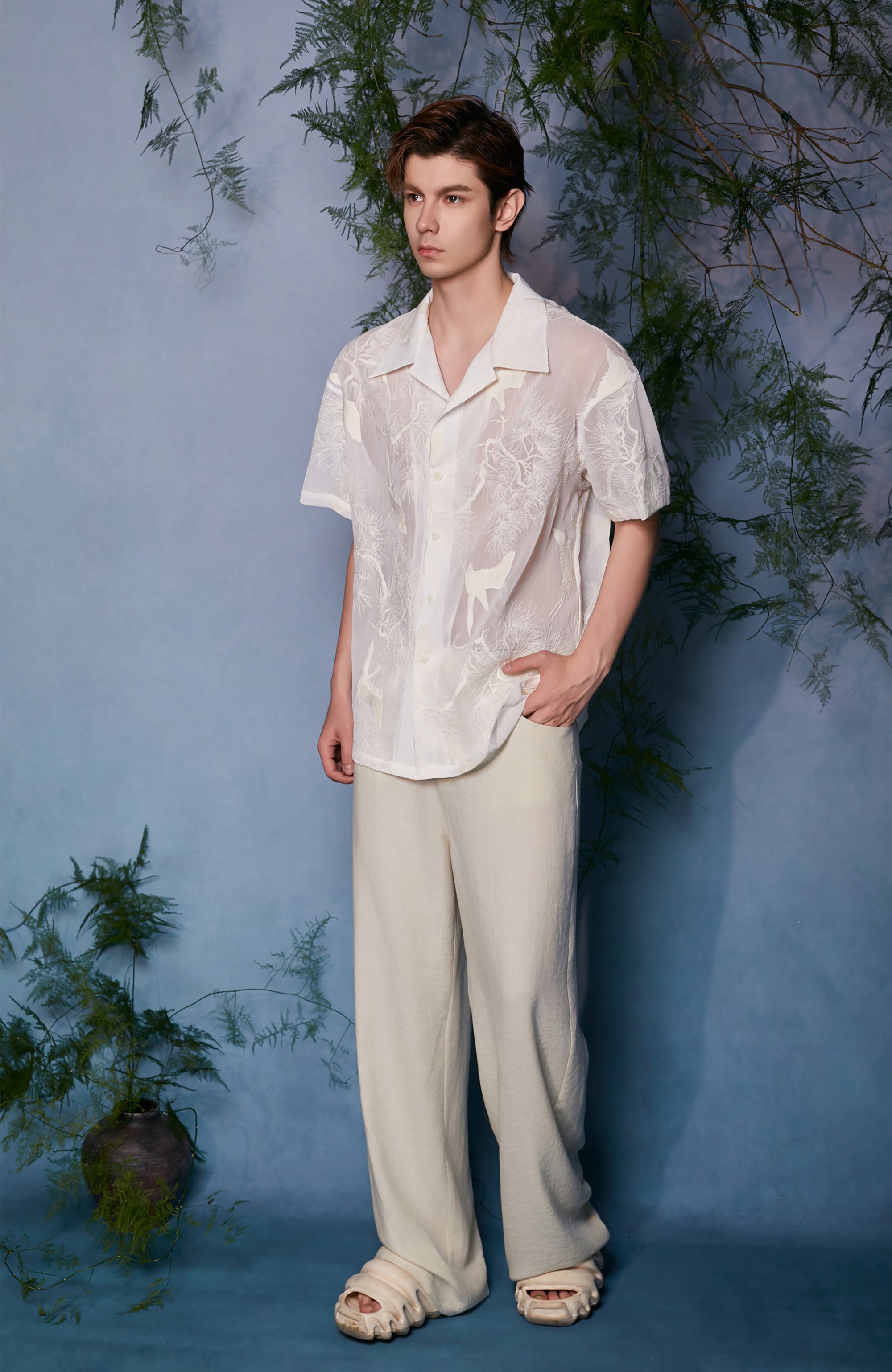 JIECHI Sheer Crane Embroidered Half Shirt, premium urban and streetwear designers apparel on PROJECTISR.com, JIECHI