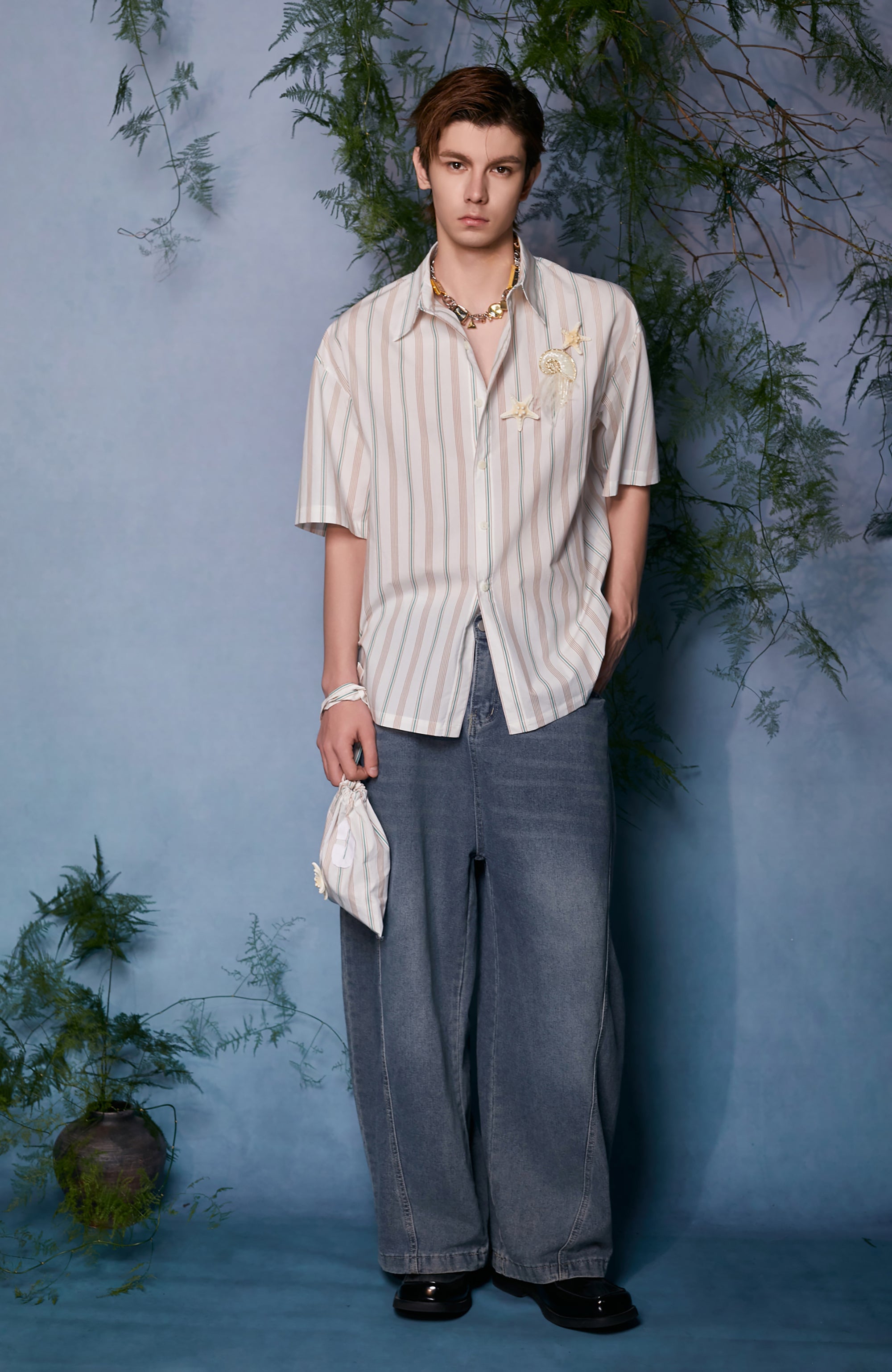 JIECHI Striped Embroidered Half Shirt, premium urban and streetwear designers apparel on PROJECTISR.com, JIECHI