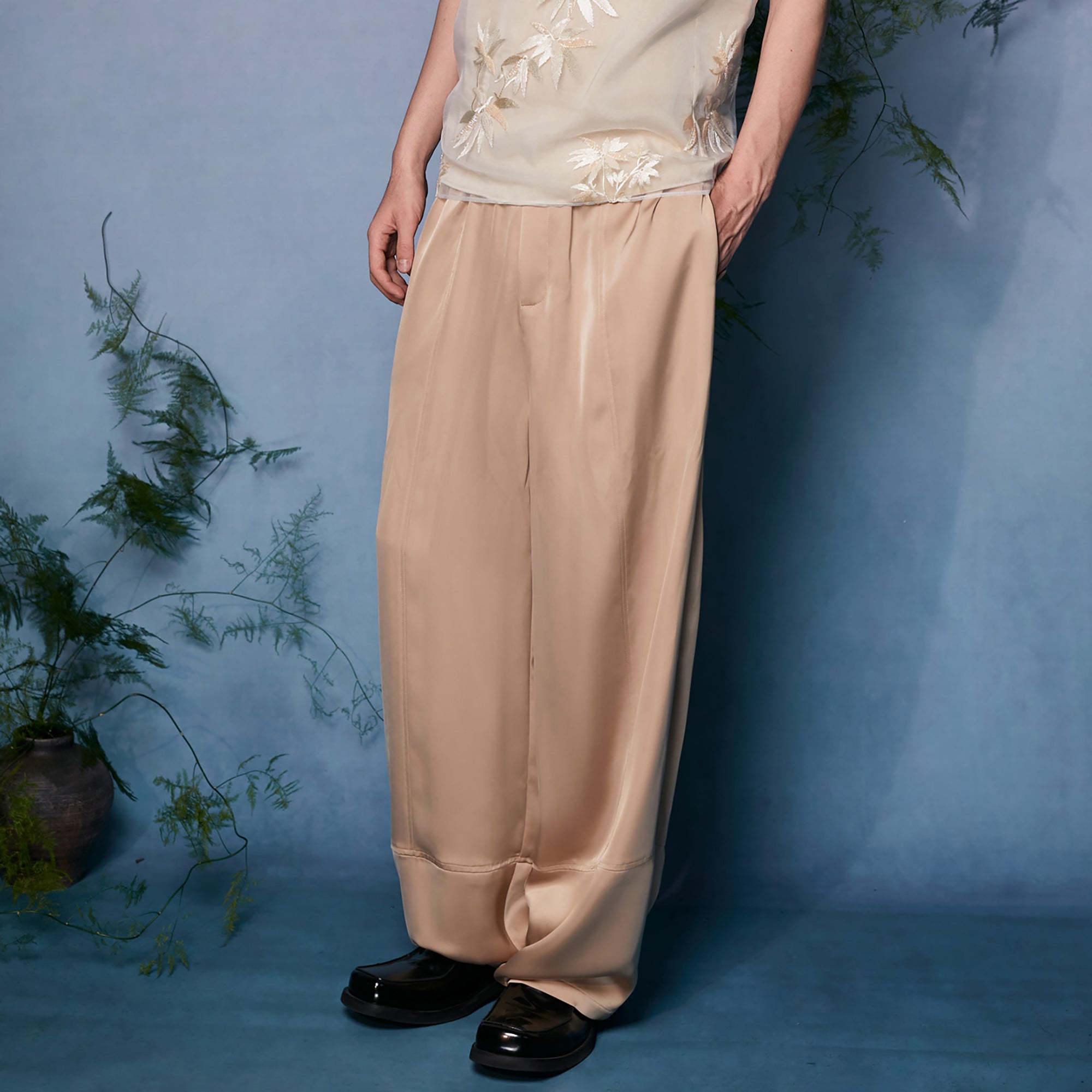 JIECHI Draped Satin Wide-Leg Trousers, premium urban and streetwear designers apparel on PROJECTISR.com, JIECHI