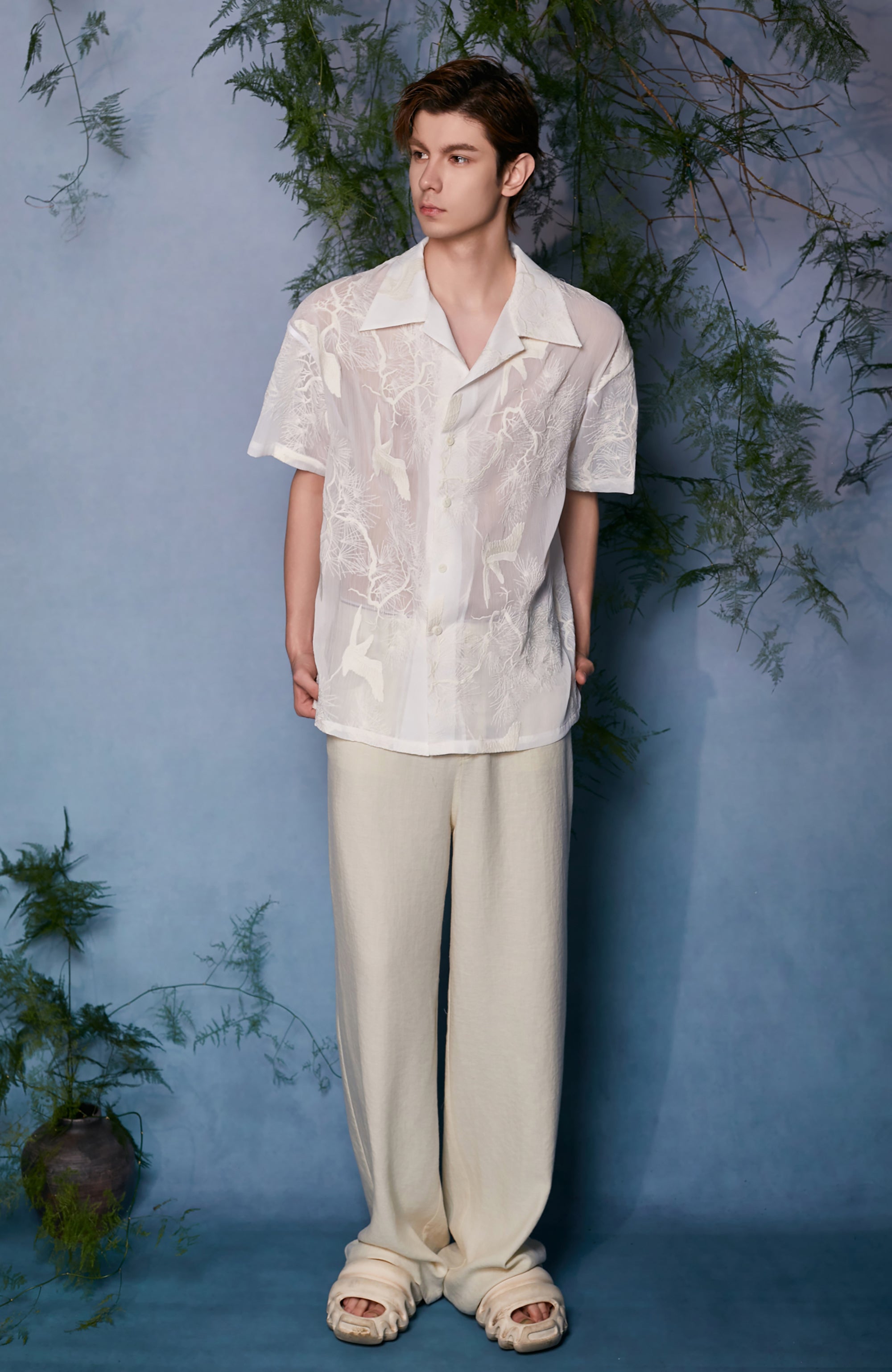 JIECHI Sheer Crane Embroidered Half Shirt, premium urban and streetwear designers apparel on PROJECTISR.com, JIECHI