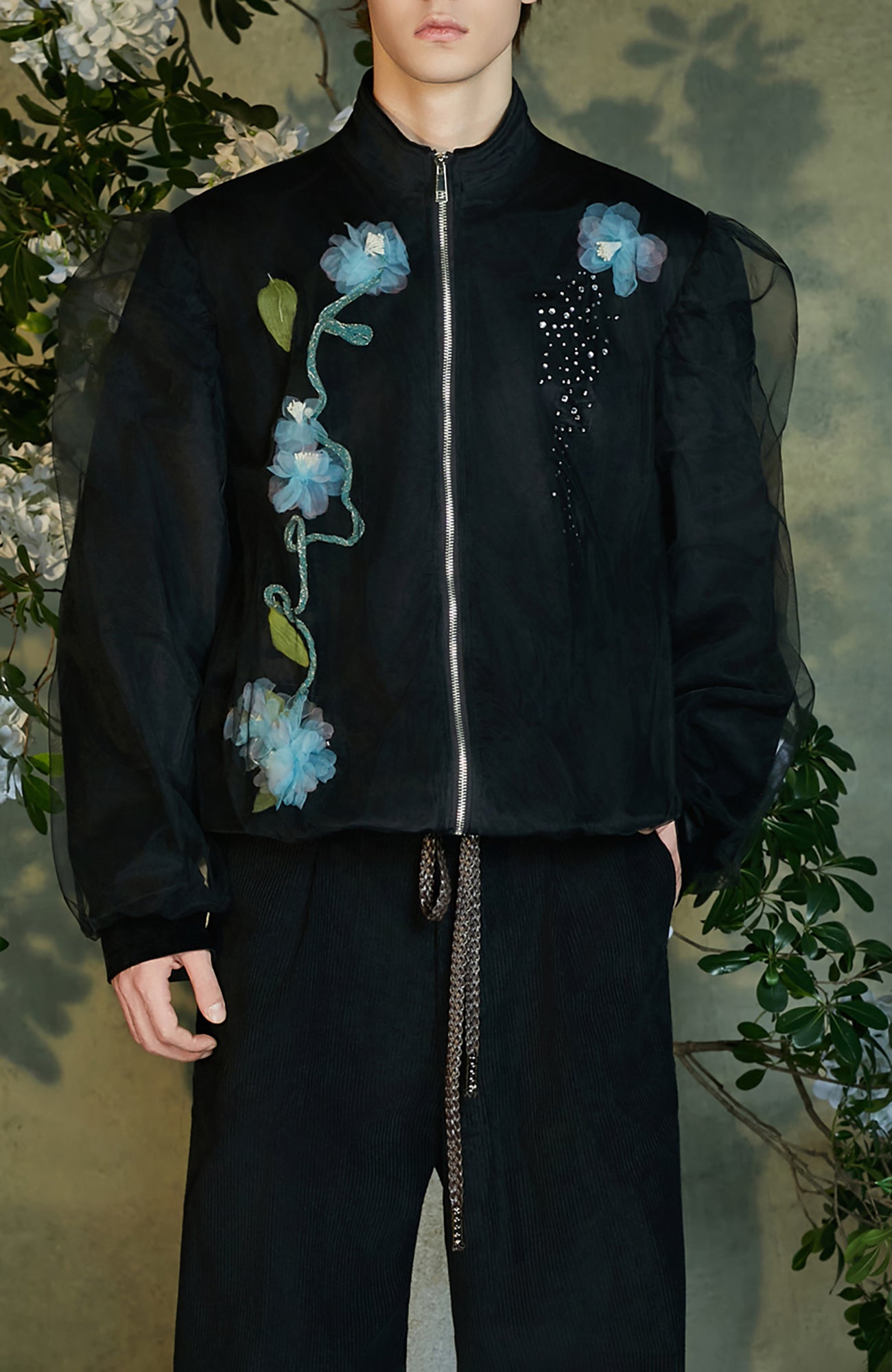 JIECHI Floral Embellished Velvet Sheer Layer Jacket