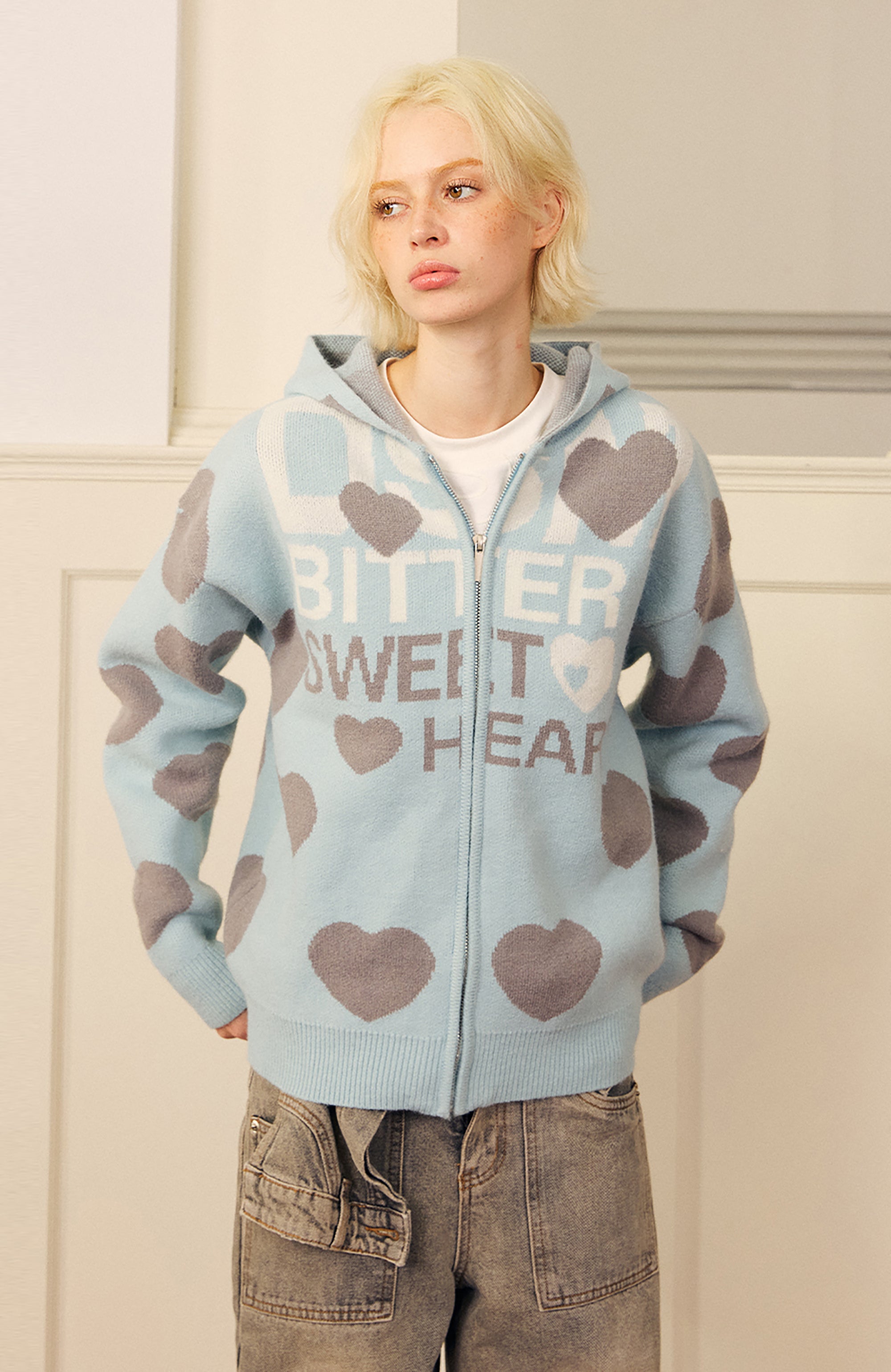 DONSMOKE Heart Full-Print Knit Zip-Up Hoodie
