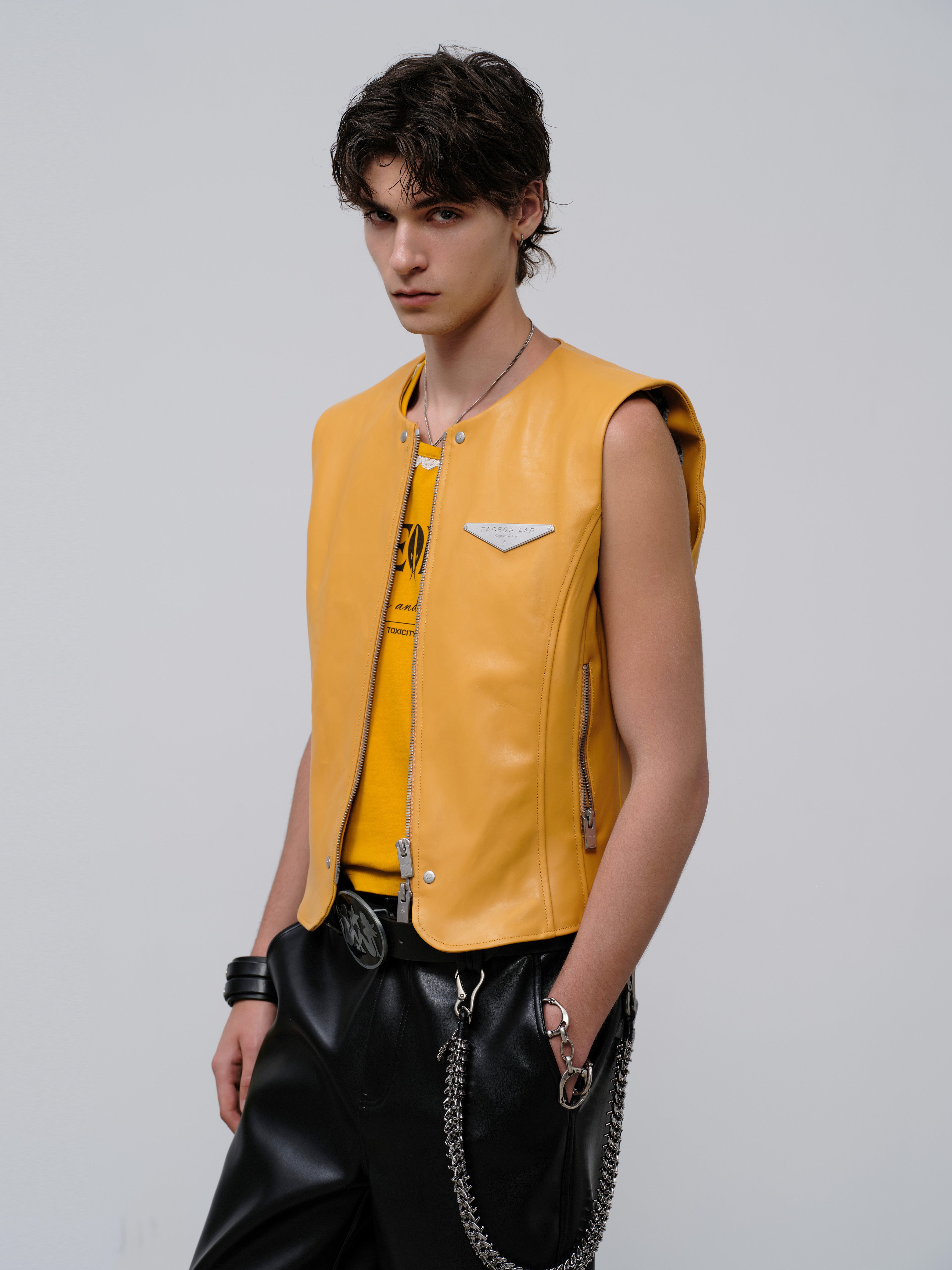 FACEONLAB Reversible Moto Leather Vest Orange, premium urban and streetwear designers apparel on PROJECTISR.com, FACEONLAB