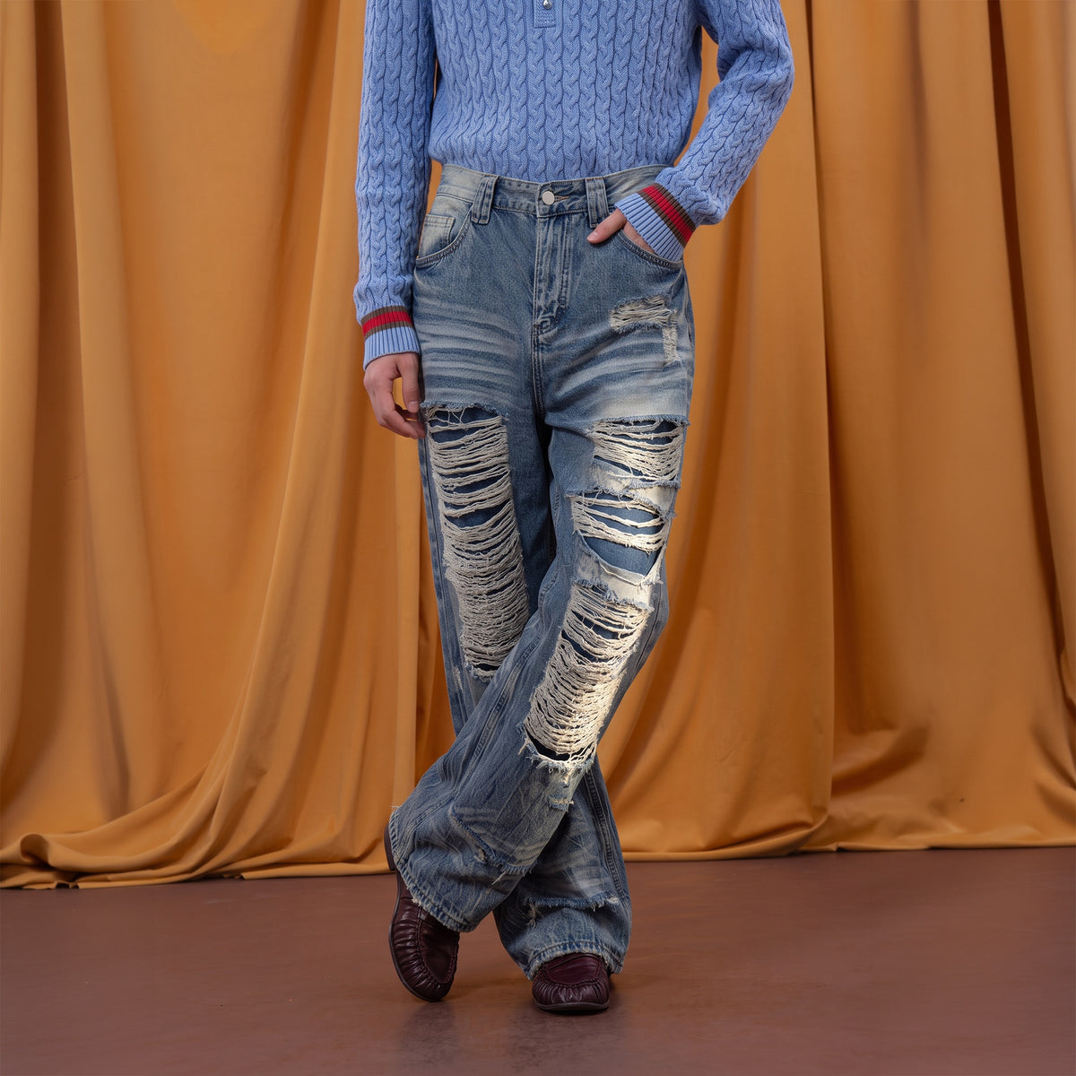 CLP Distressed Wide-Leg Washed Jeans