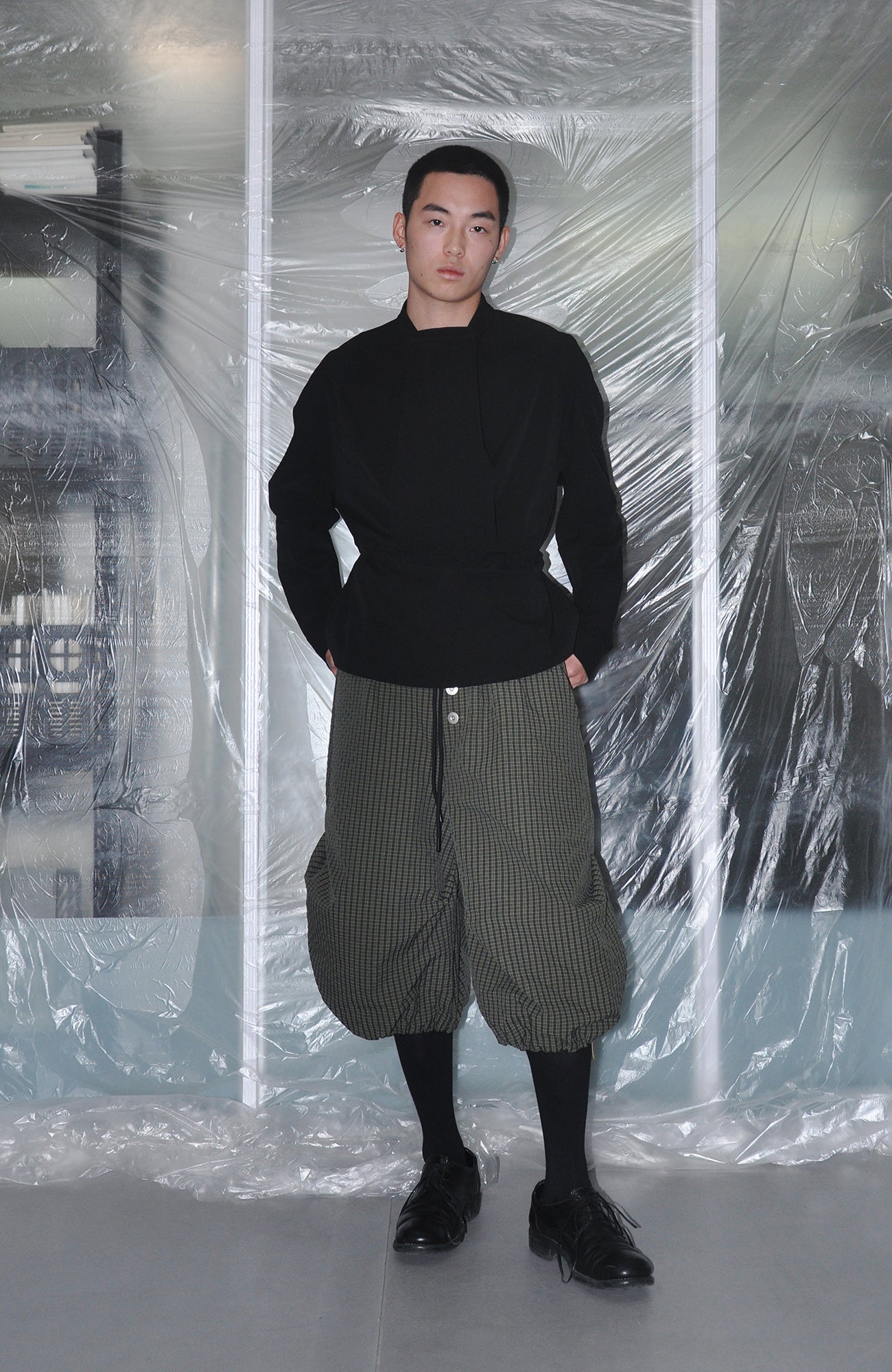 7440 37 1 Check Drawstring Wide-Leg Cropped Pants