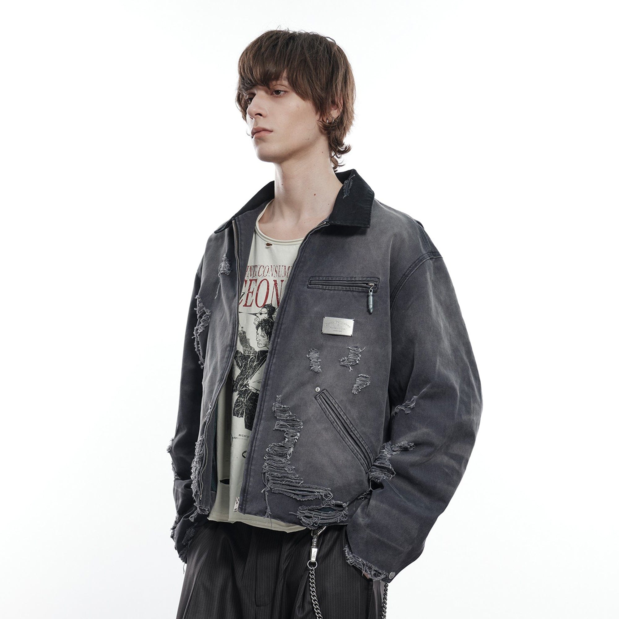 FACEONLAB Raw-Edge Ripped Rivet Metal Emblem Jacket Grey