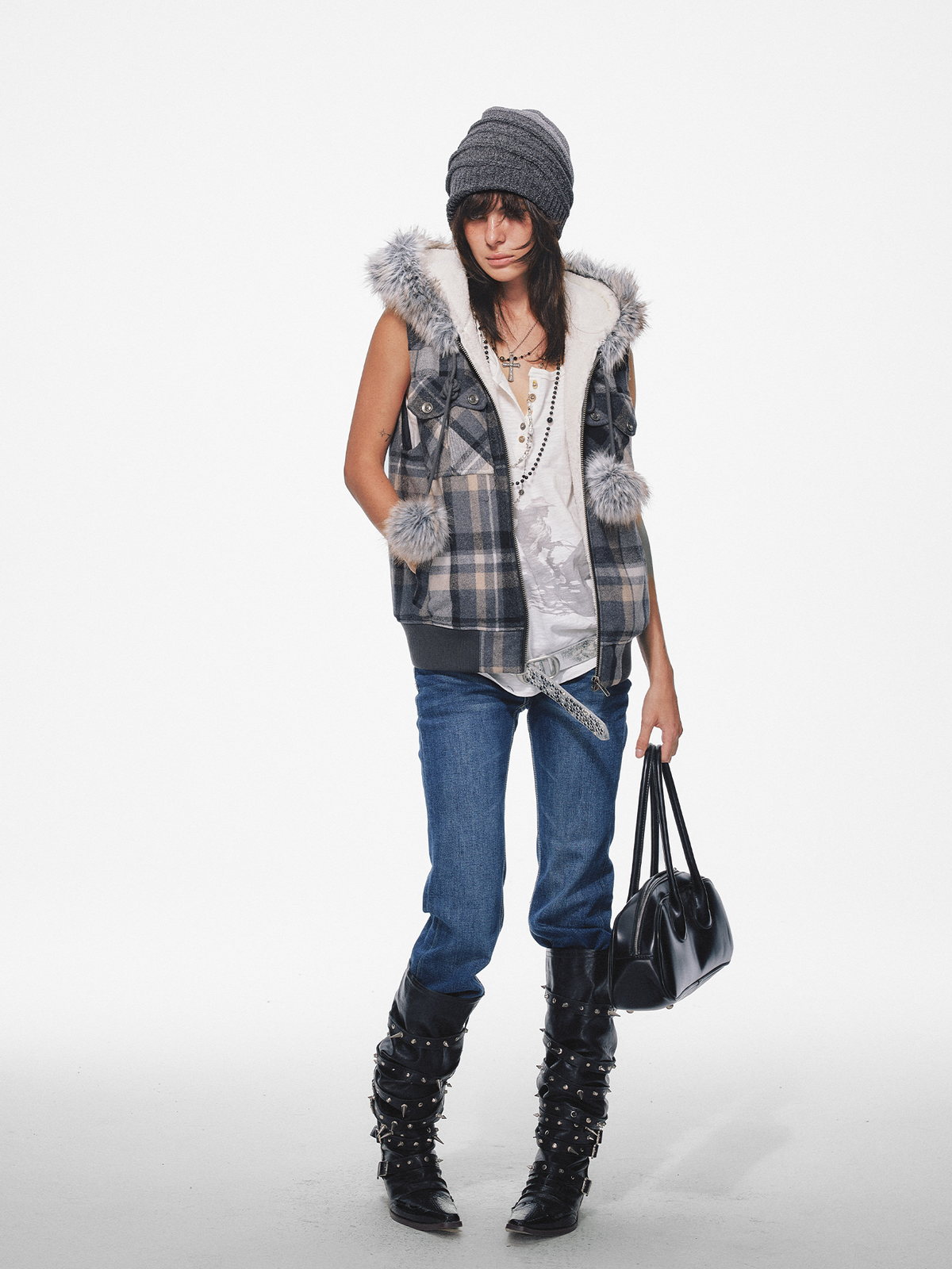 TRECLUB Retro Plaid Hooded Faux Fur Collar Vest