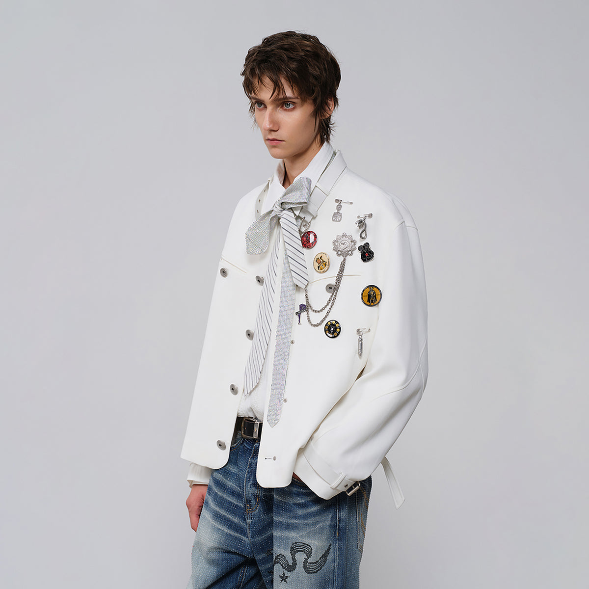 FACEONLAB Leather-Collar Medal Embellished Jacket