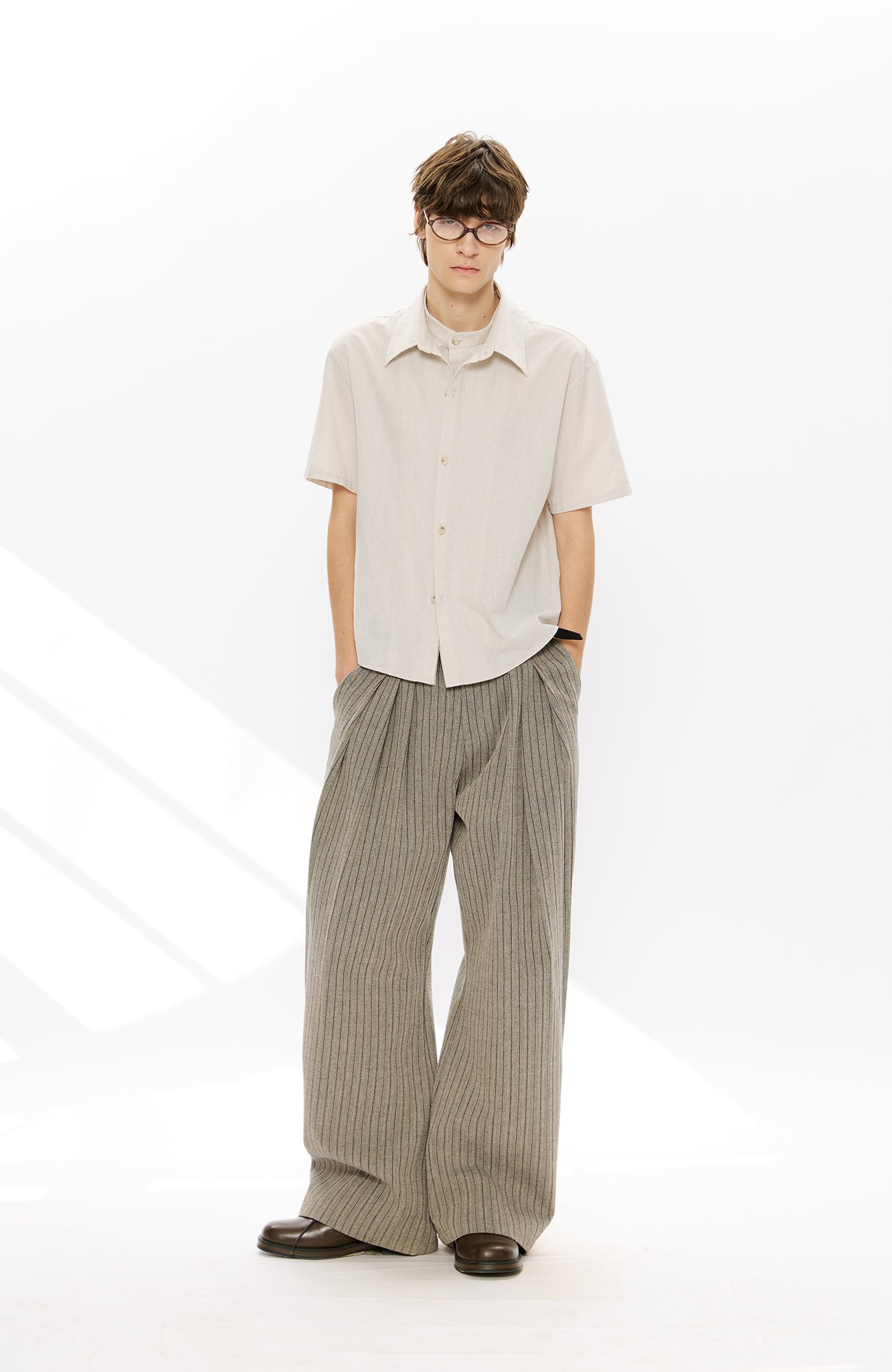 KREATE Pinstripe Pleated Draped Wide Trousers, premium urban and streetwear designers apparel on PROJECTISR.com, KREATE