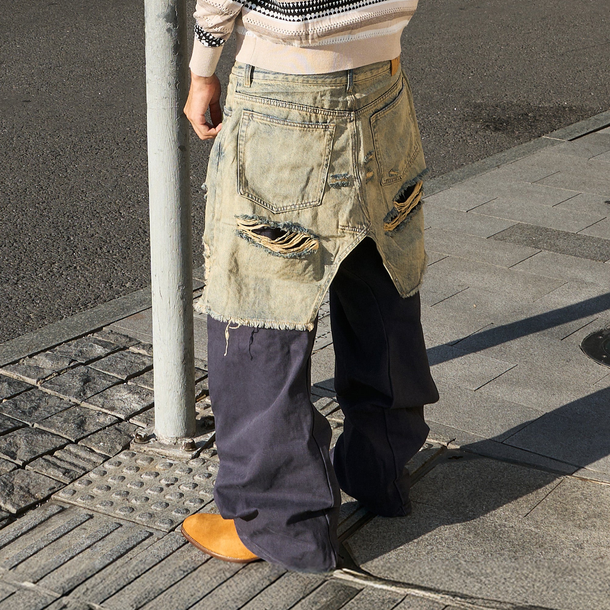 STEEPC Distressed Layered Denim Overlay Pants, premium urban and streetwear designers apparel on PROJECTISR.com, STEEPC