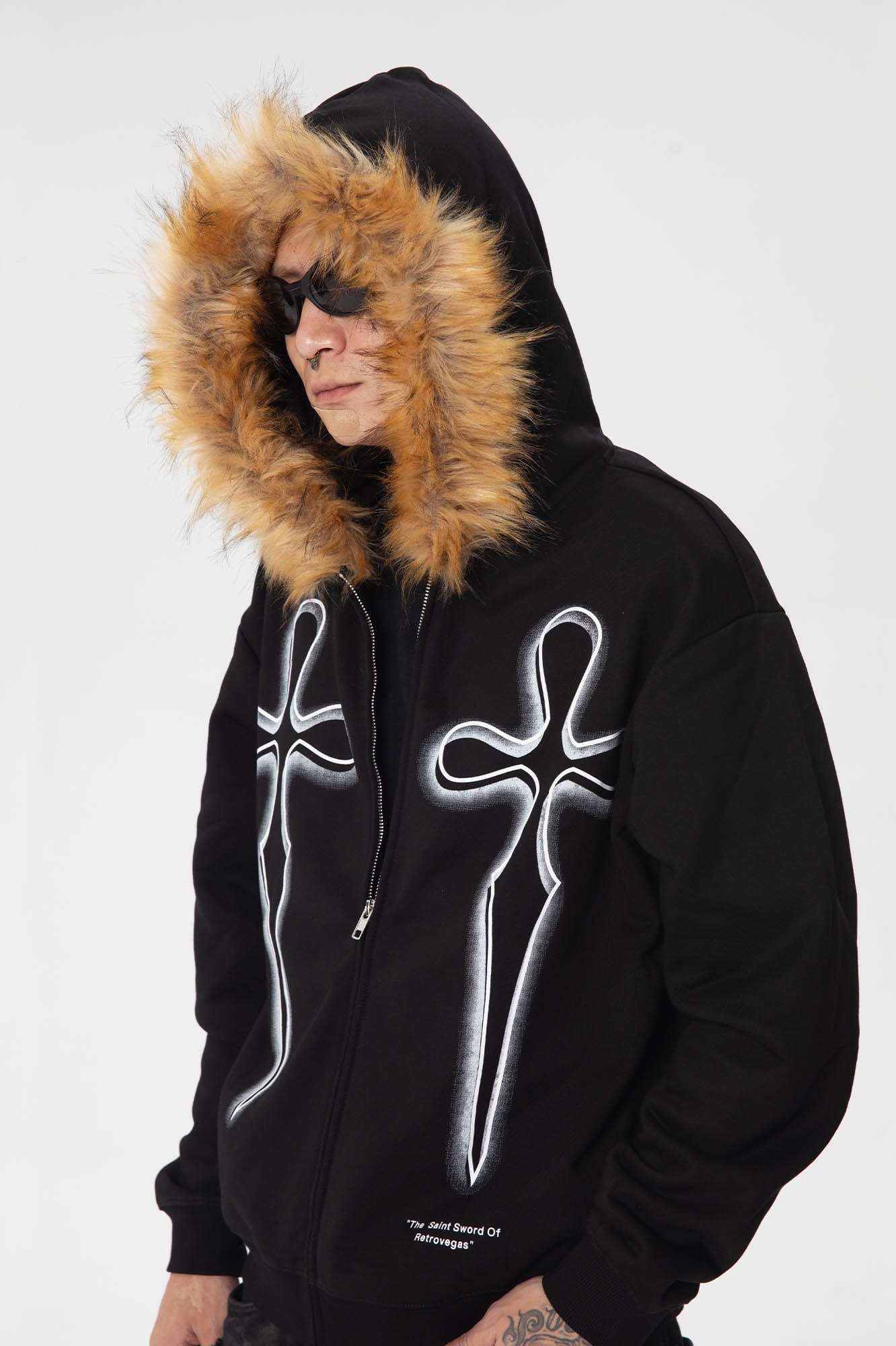 RTVG Cross Sword Fur-Collared Fleece Zip-Up Hoodie