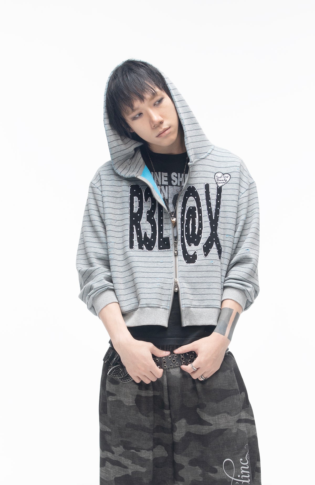 SADSOUP Striped Patchwork Zip-Up Hoodie