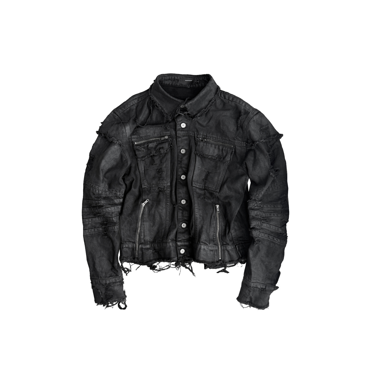 CINDER VEIN Washed Distressed Back-Zipper Denim Jacket
