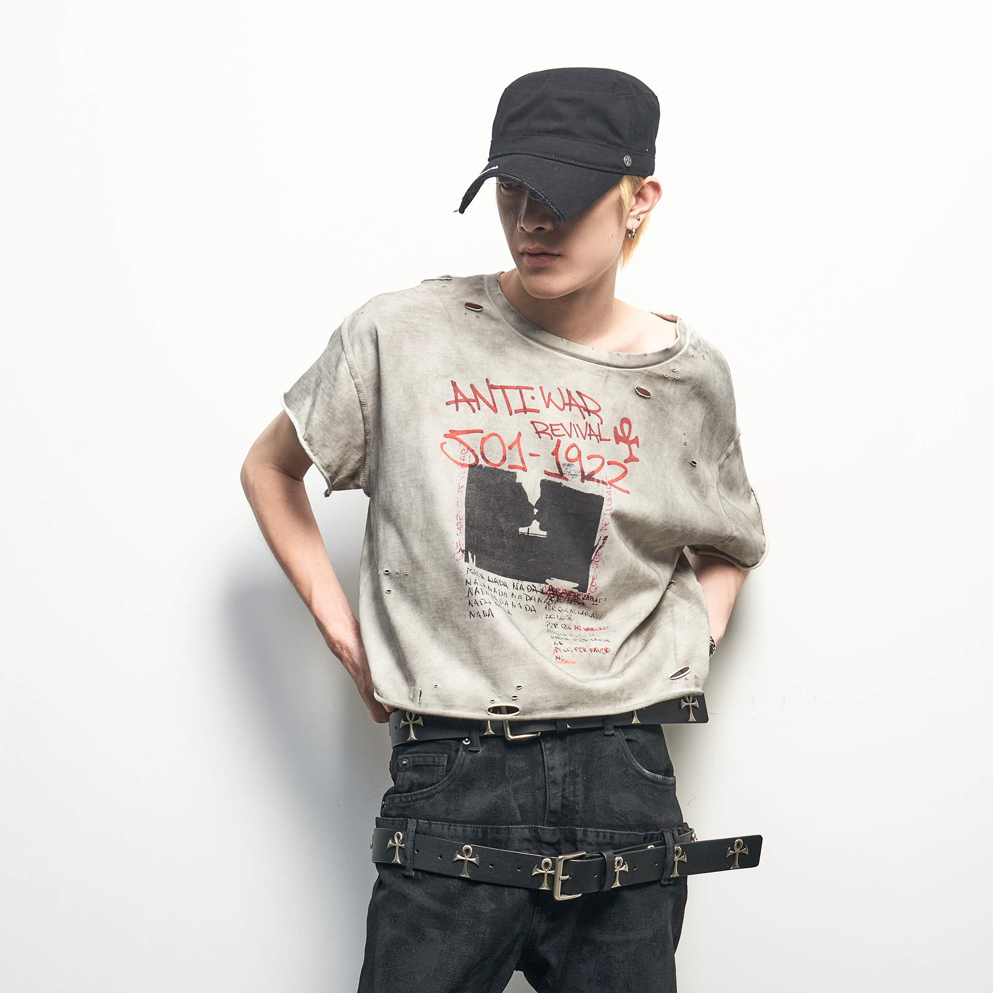 ANTI WAR REVIVAL Distressed Graffiti Washed T-Shirt