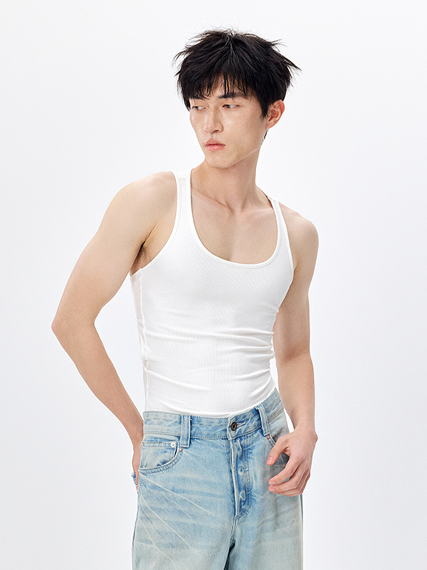 TUIMU Back Cut-Out Ribbed Tank Top White
