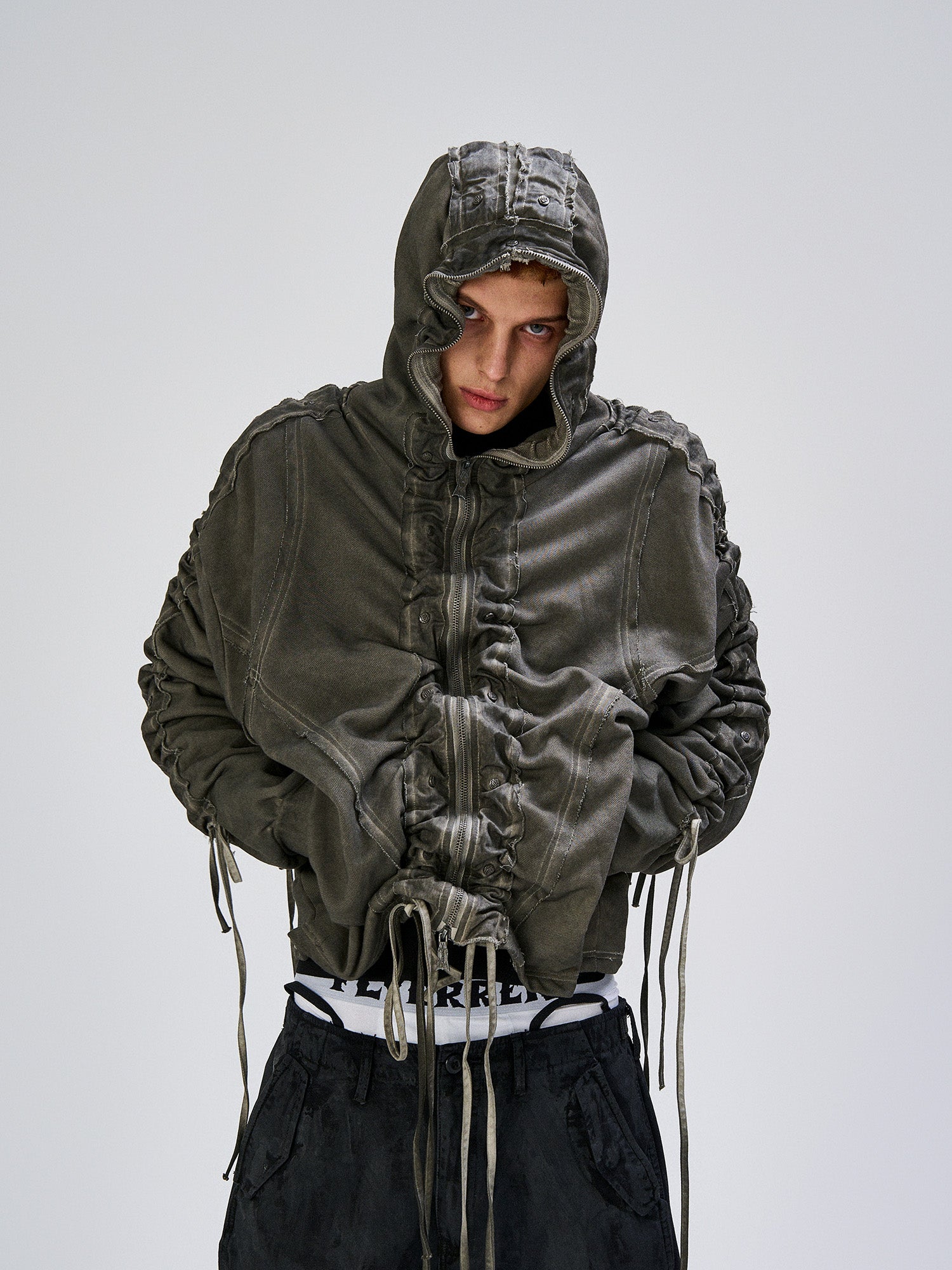 FLYERRER Distressed Drawstring Ruched Hooded Jacket, premium urban and streetwear designers apparel on PROJECTISR.com, FLYERRER