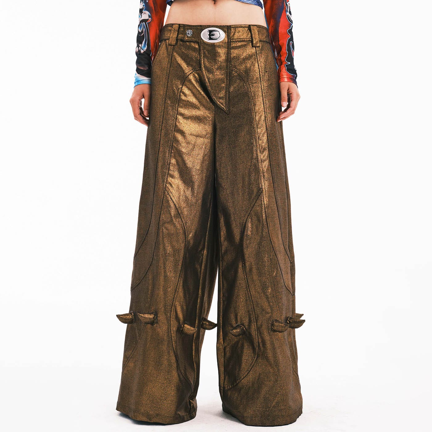 EMBRYO Metallic Devil Horned Wide-Leg Pants, premium urban and streetwear designers apparel on PROJECTISR.com, EMBRYO