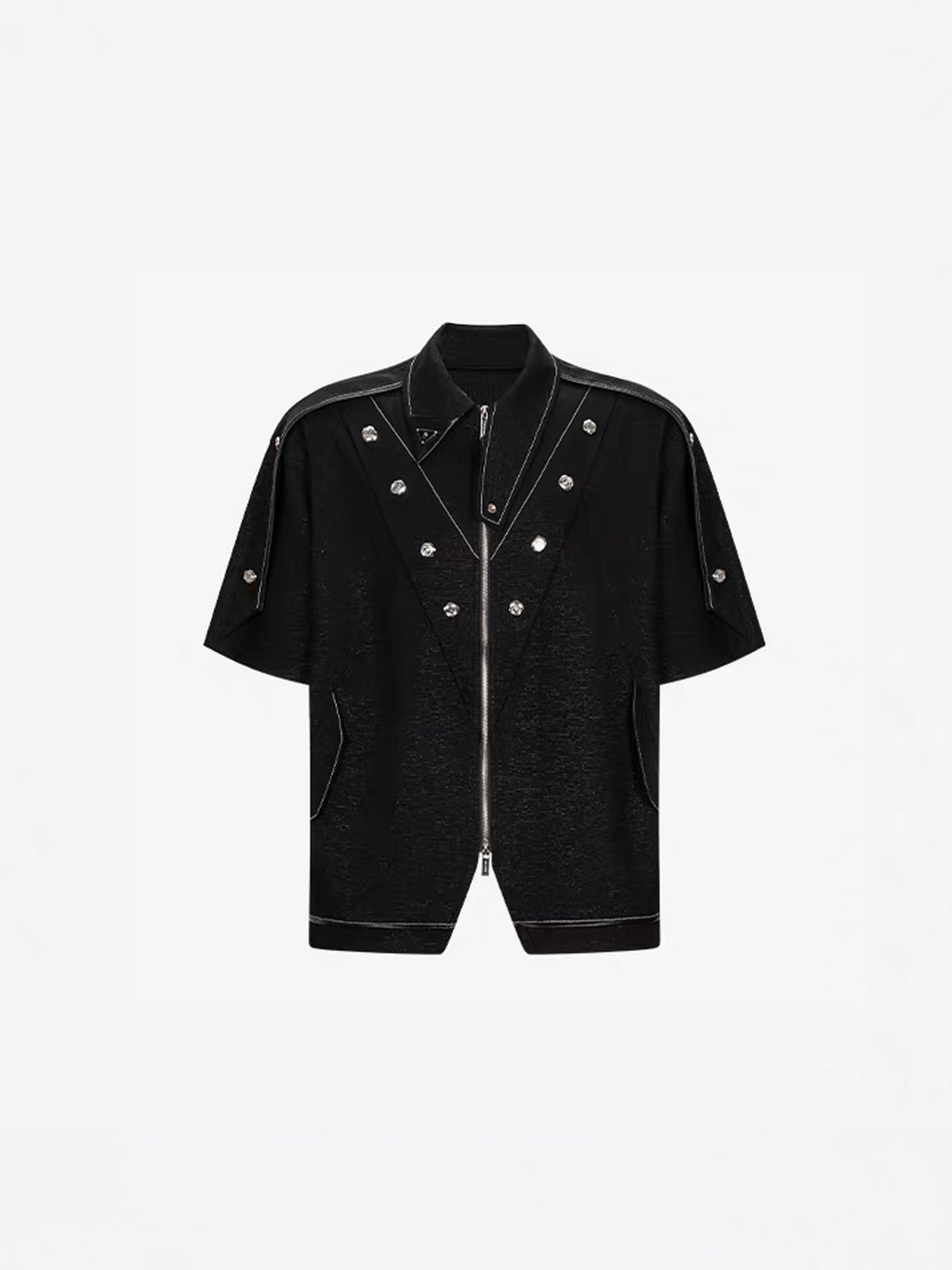 TIWILLTANG Studded Trim Zip-Up Half Shirt, premium urban and streetwear designers apparel on PROJECTISR.com, TIWILLTANG