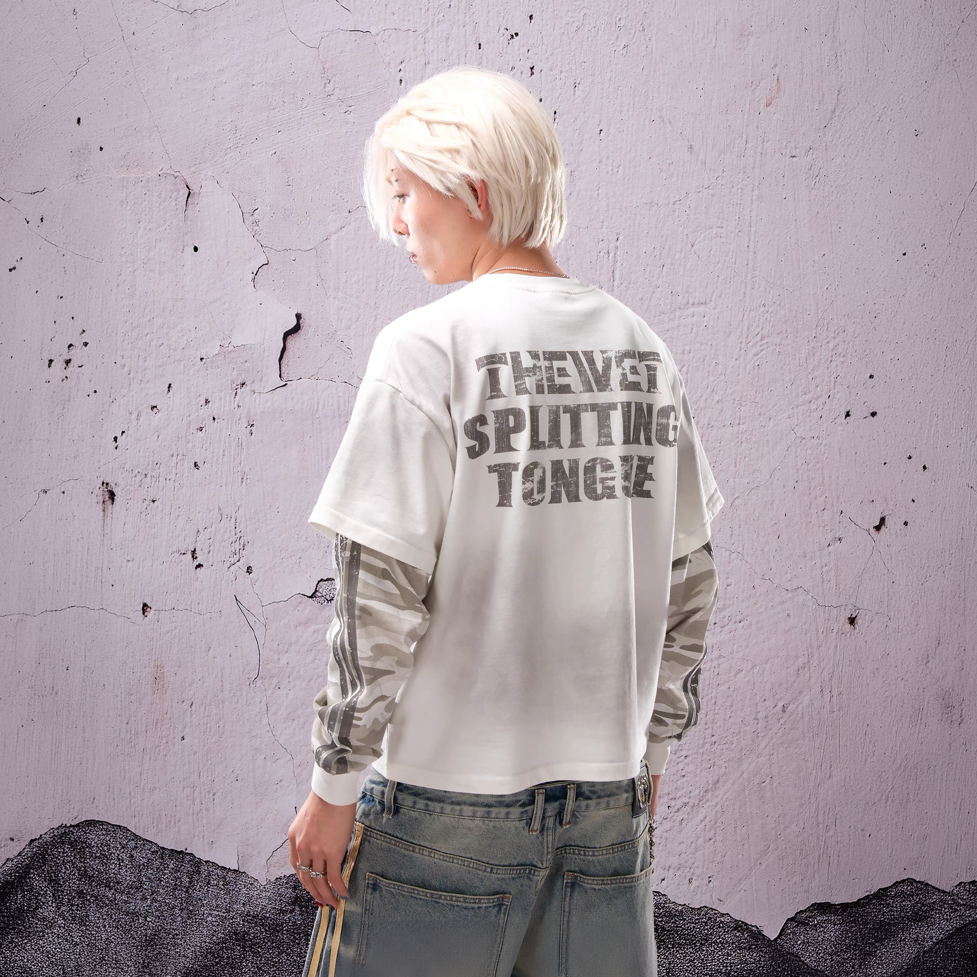 THEWET Camo Washed Layered Long-Sleeve Tee