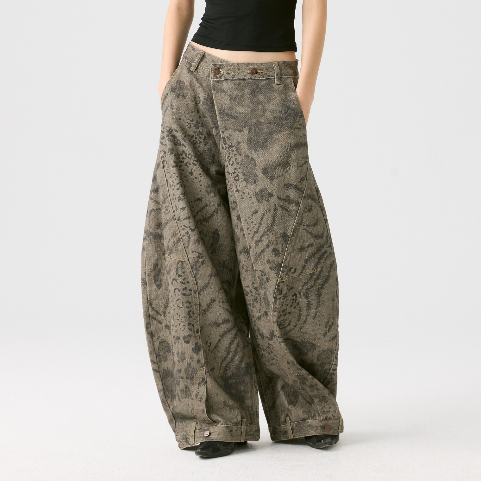 HAHAHA Animal Totem Graphic Crossover-Waist Curved Wide-Leg Pants