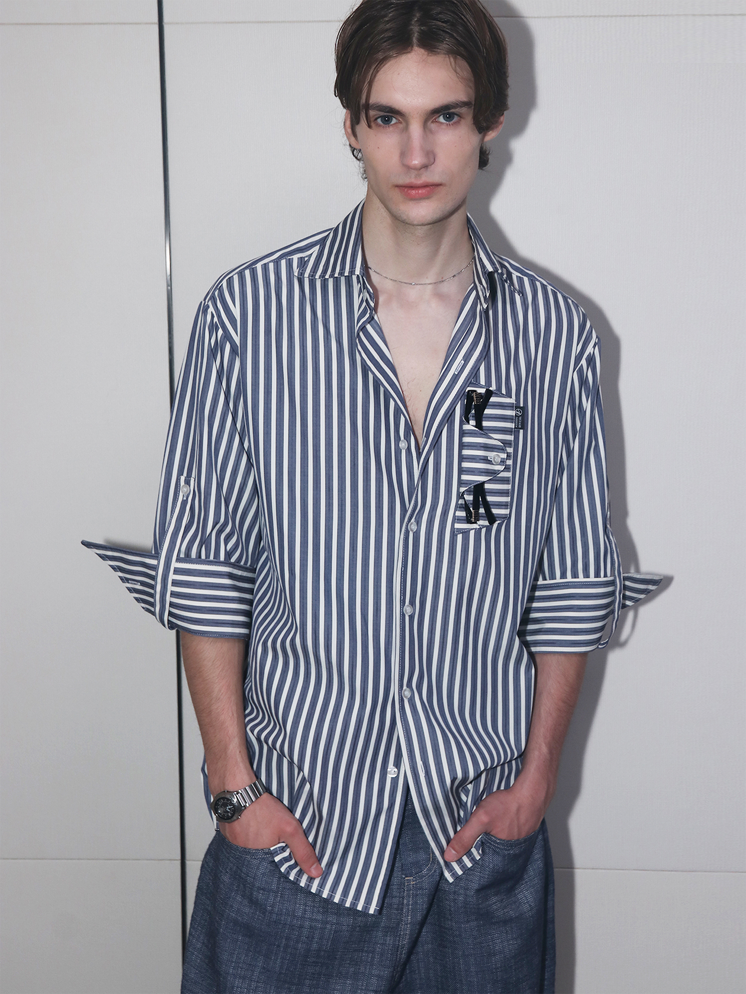 ASSEEN Striped Glasses Pocket Half Shirt Blue