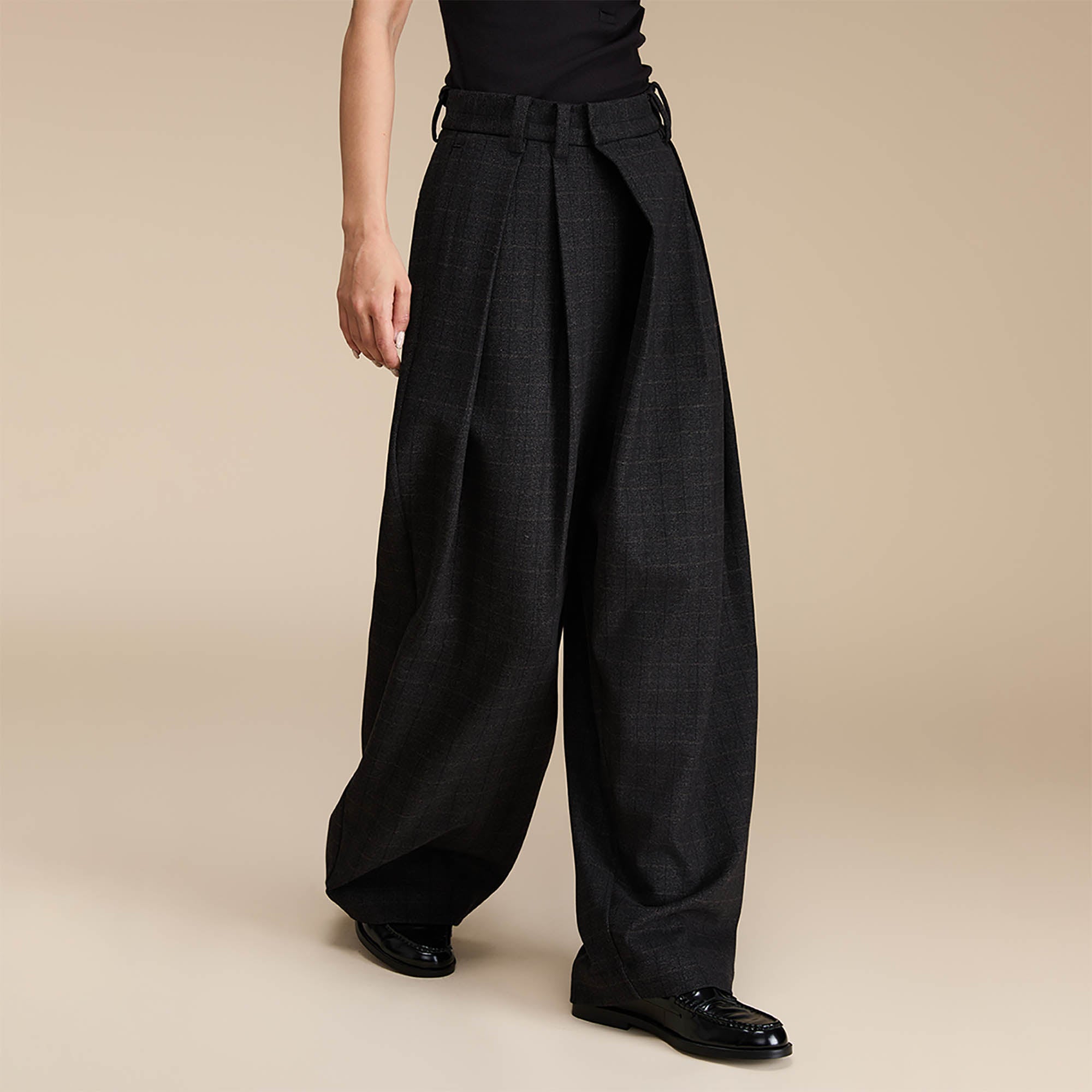 OPICLOTH Plaid Crinkled Wide-Leg Trousers