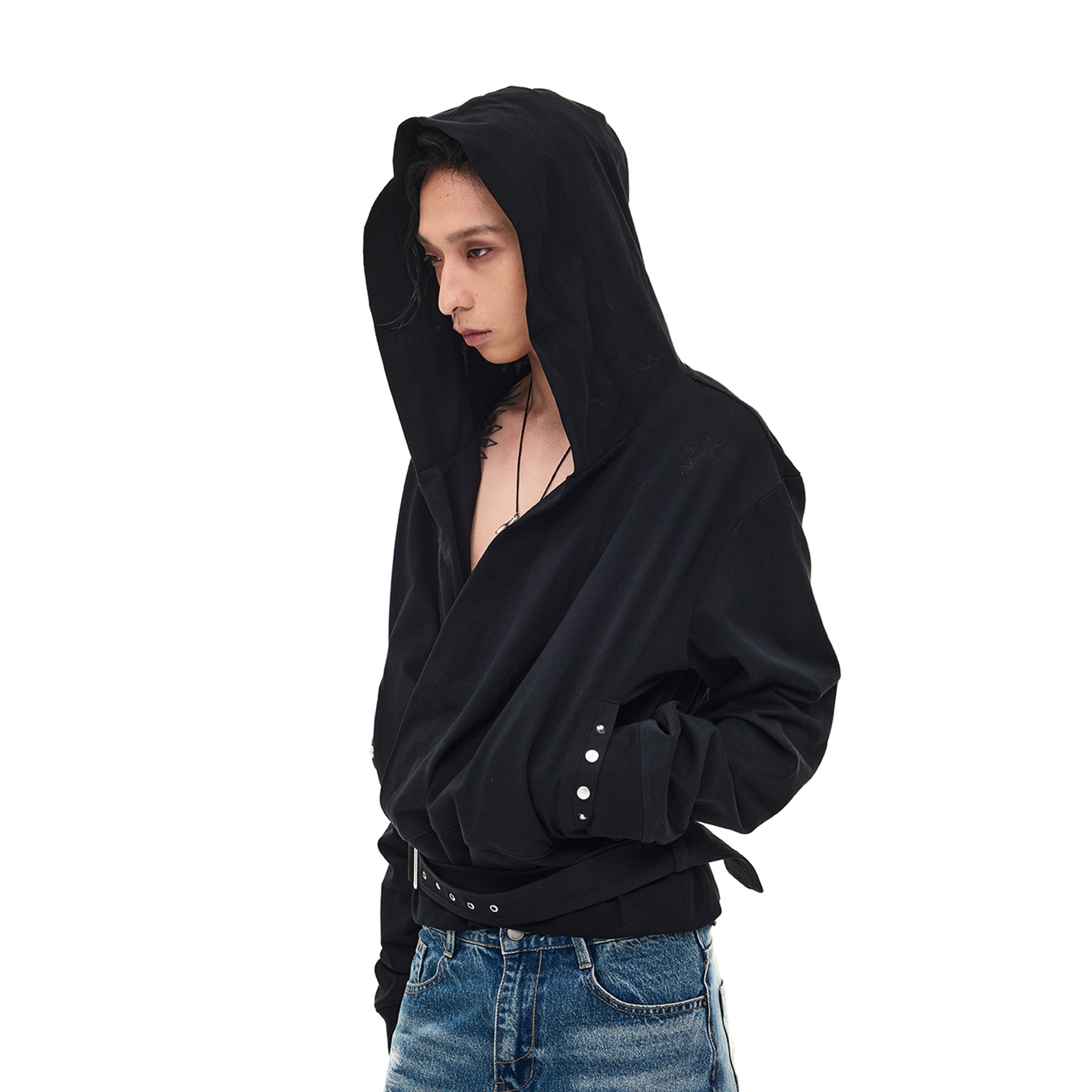 WHISTLEHUNTER Detachable-Belt Deep V-Cut Hardware Hoodie, premium urban and streetwear designers apparel on PROJECTISR.com, WHISTLEHUNTER