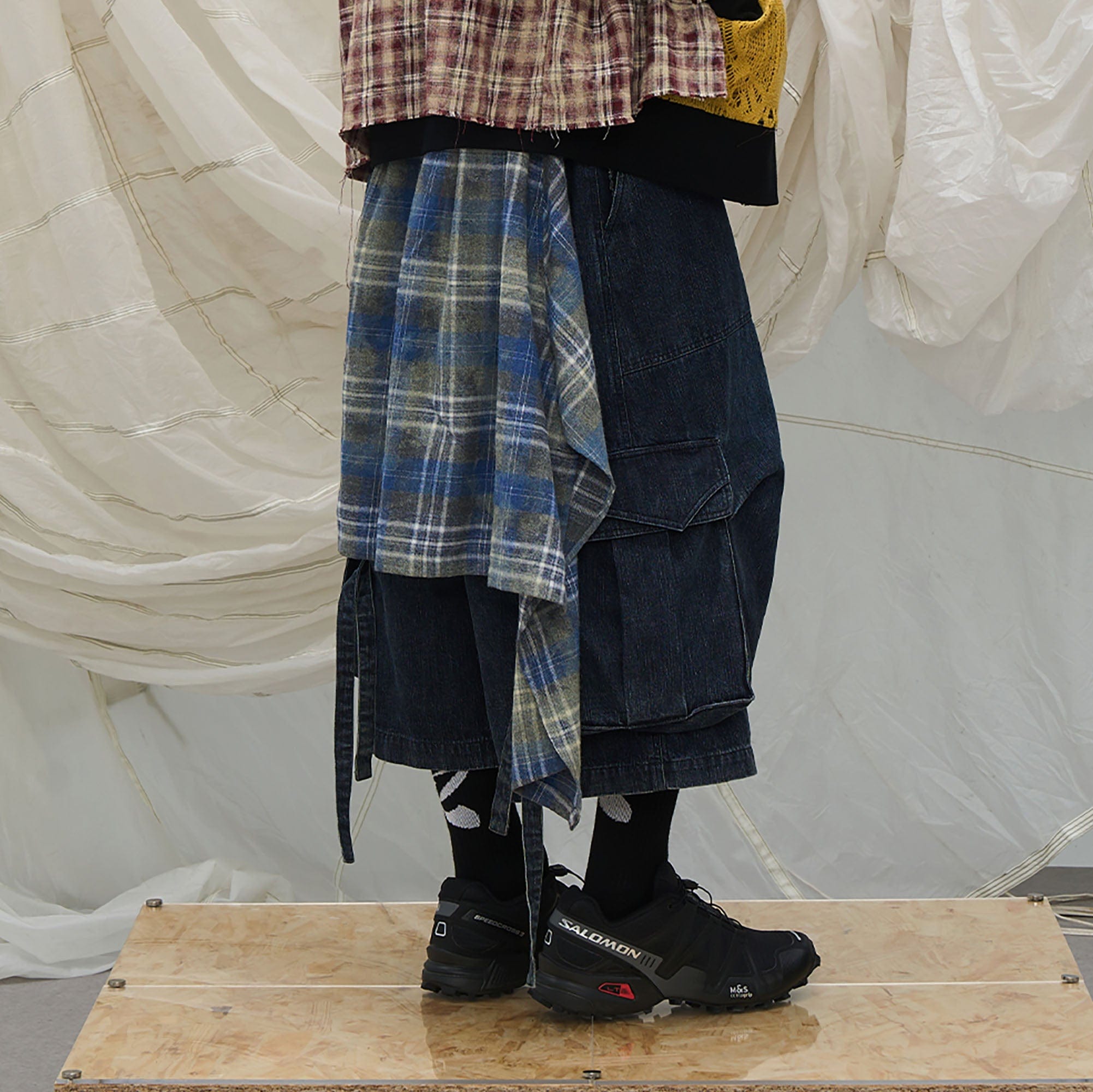 RELABEL Detachable Plaid Drape Denim Shorts, premium urban and streetwear designers apparel on PROJECTISR.com, RELABEL