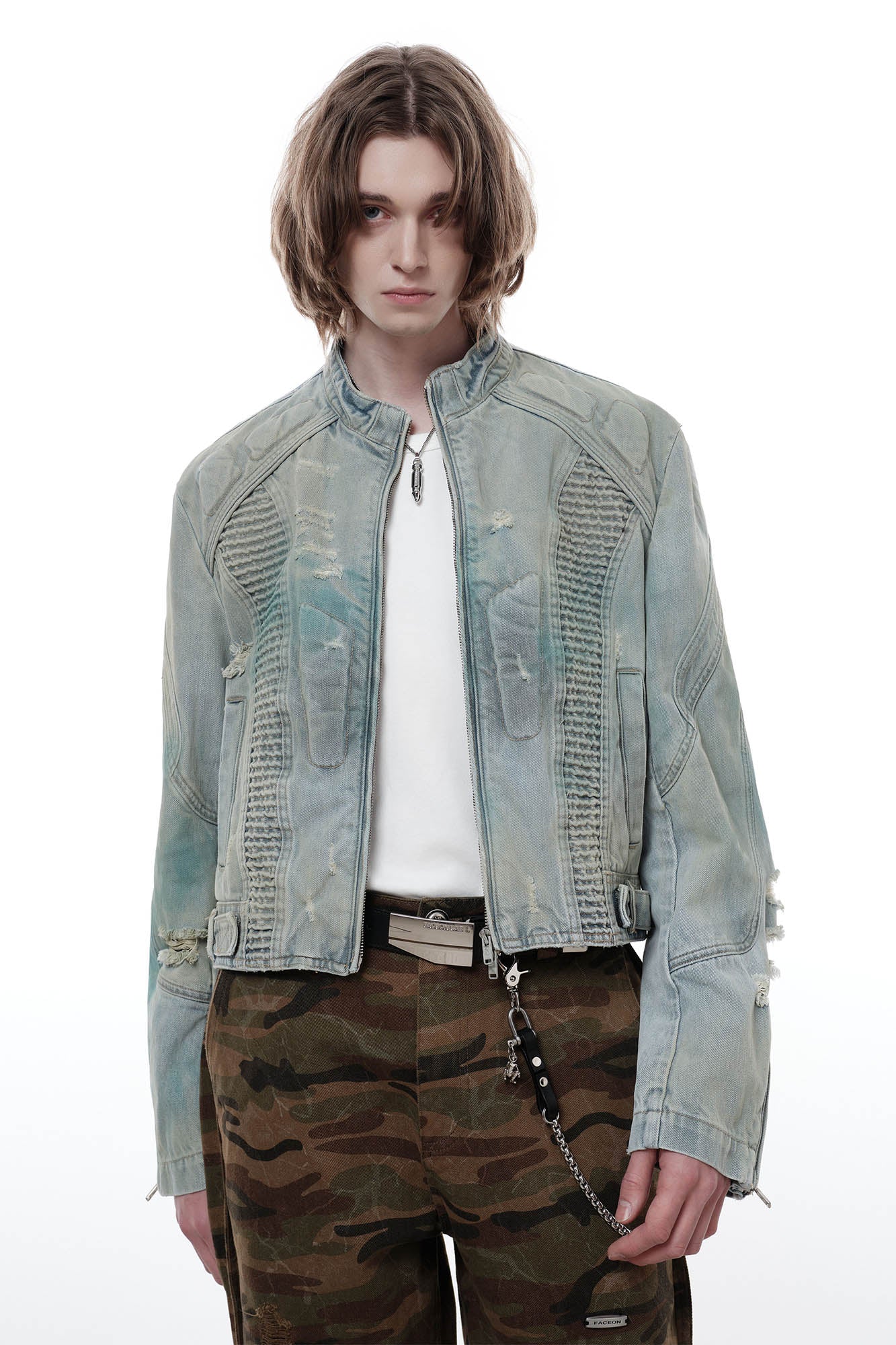 FACEONLAB Distressed Tie-Dye Ripped Biker Denim Jacket Blue