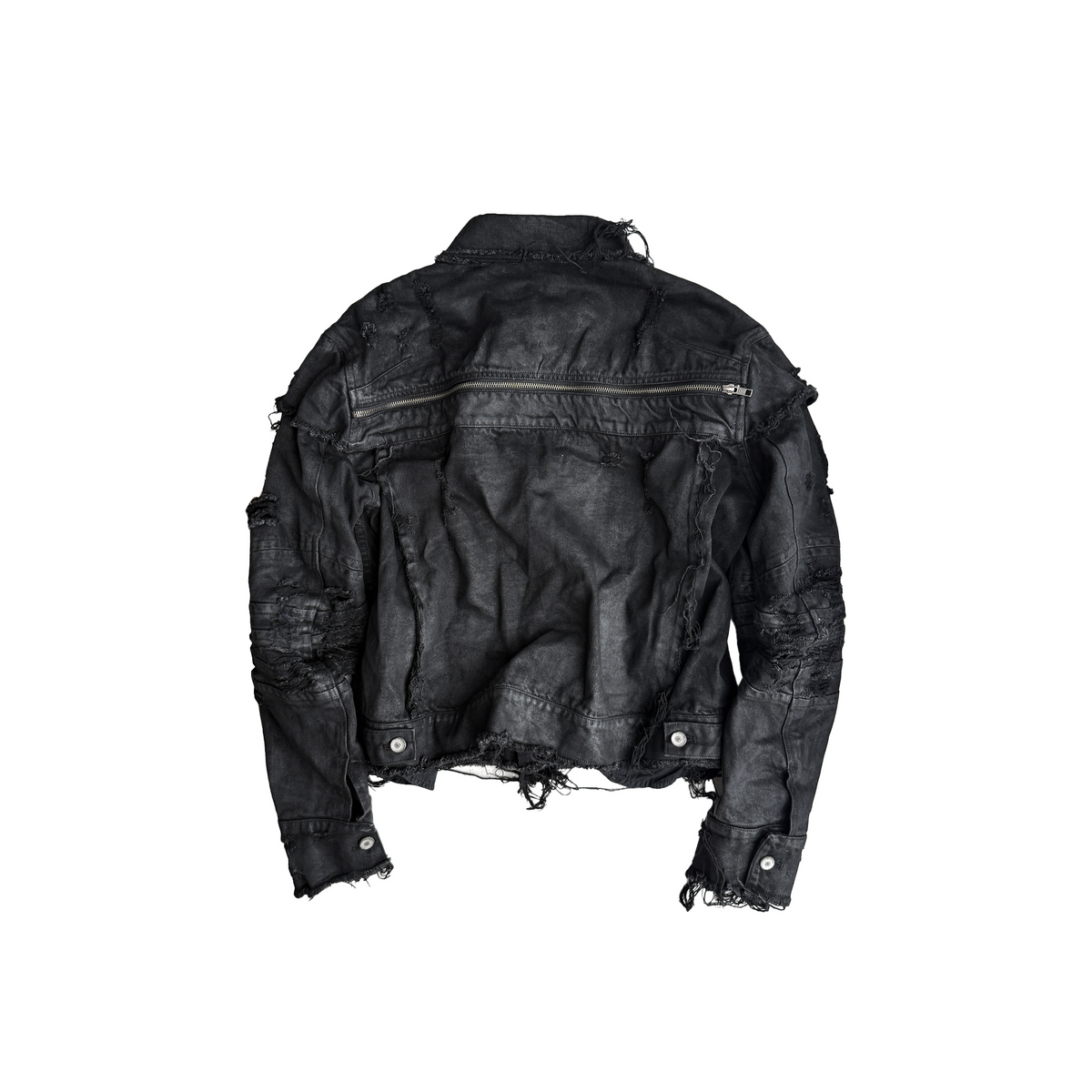 CINDER VEIN Washed Distressed Back-Zipper Denim Jacket