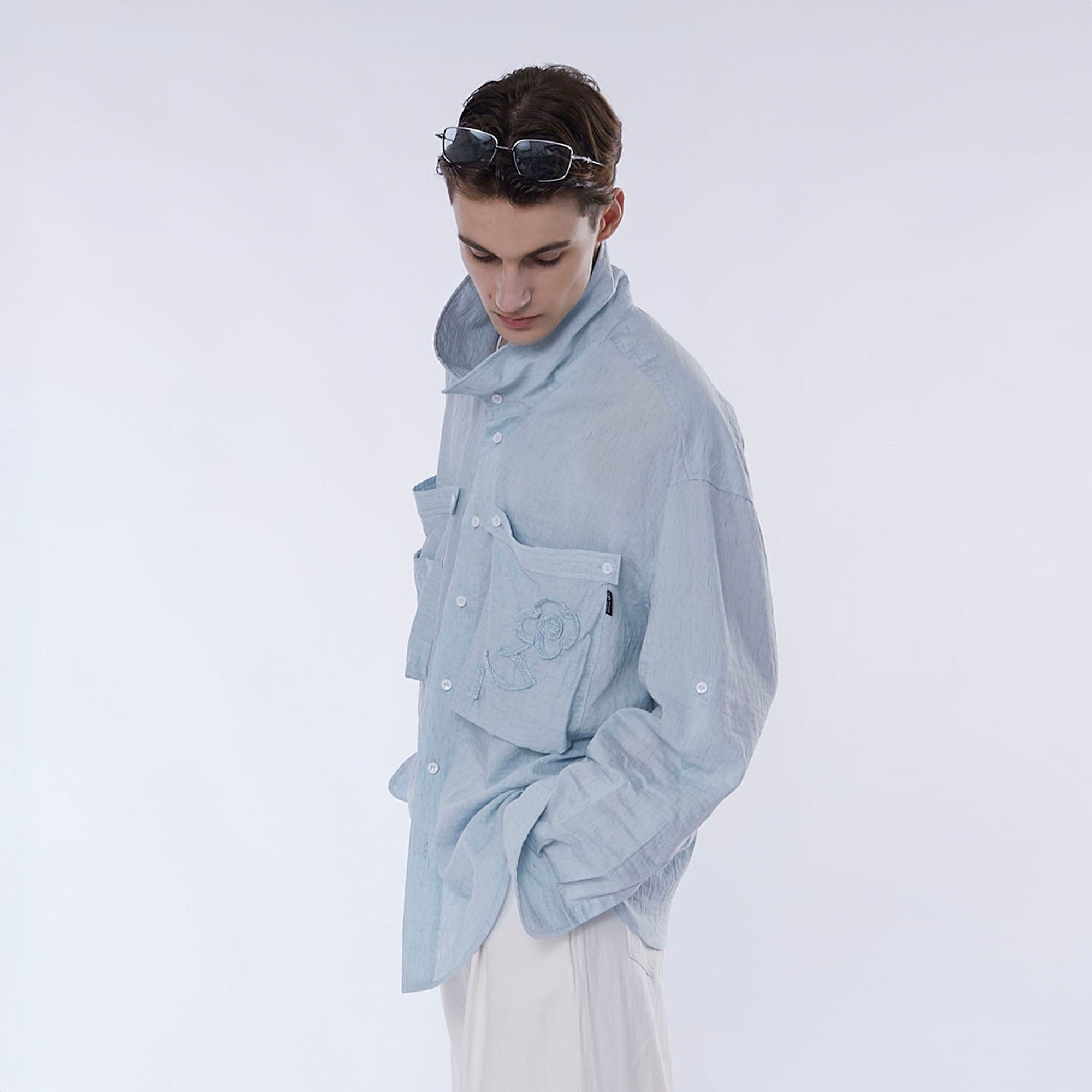 ASSEEN Rose Embroidered Pocket Linen-Blended Overshirt, premium urban and streetwear designers apparel on PROJECTISR.com, ASSEEN