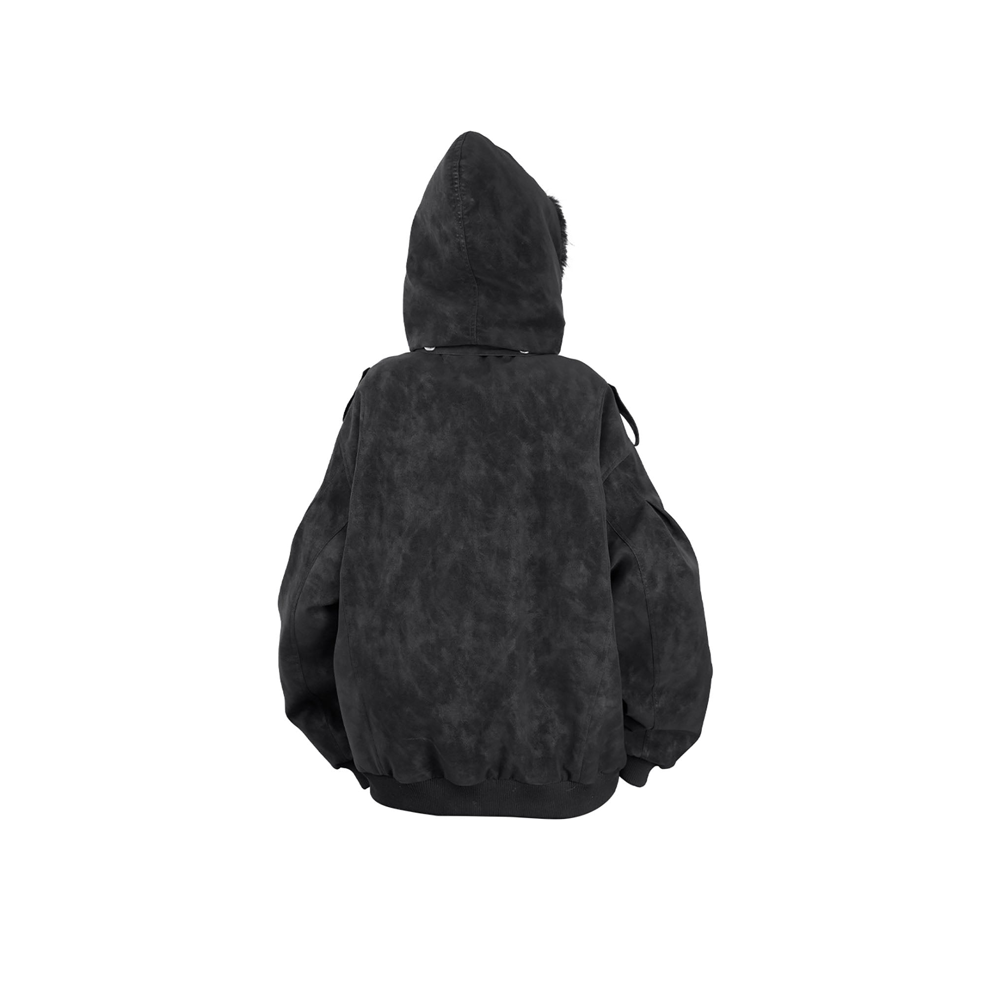 RELABEL Detachable Plush Scarf Hooded Suede Jacket Black, premium urban and streetwear designers apparel on PROJECTISR.com, RELABEL