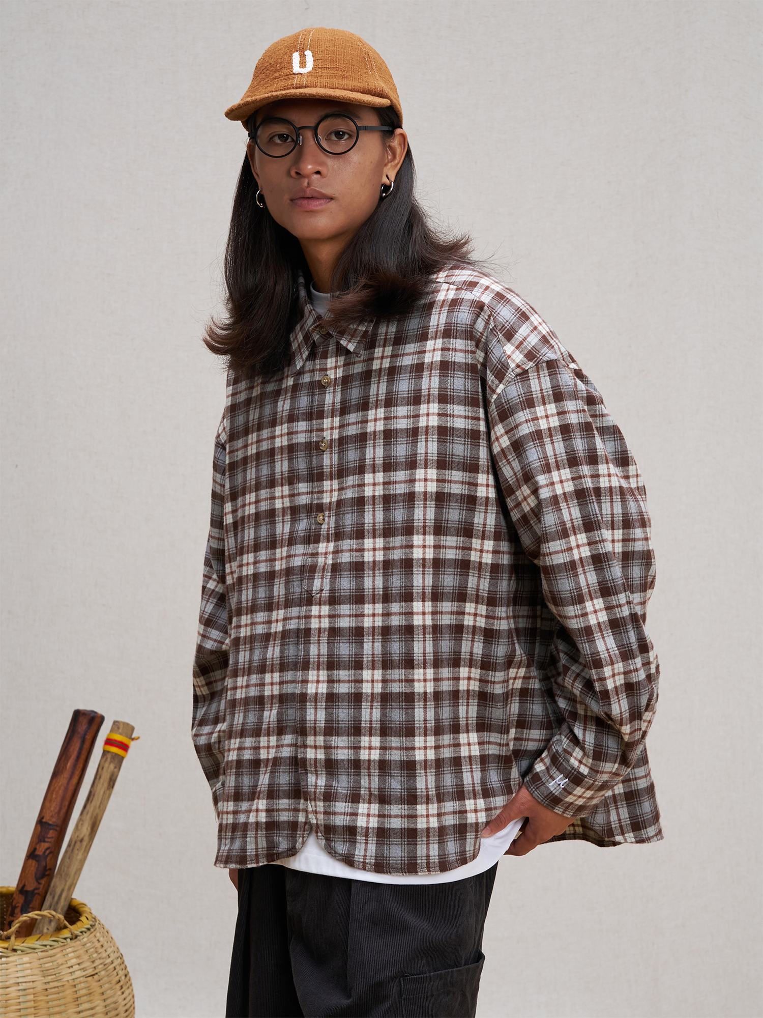 UNLIMITED MOTE Plaid Oversized Half-Open Collar Shirt Brown, premium urban and streetwear designers apparel on PROJECTISR.com, UNLIMITED MOTE
