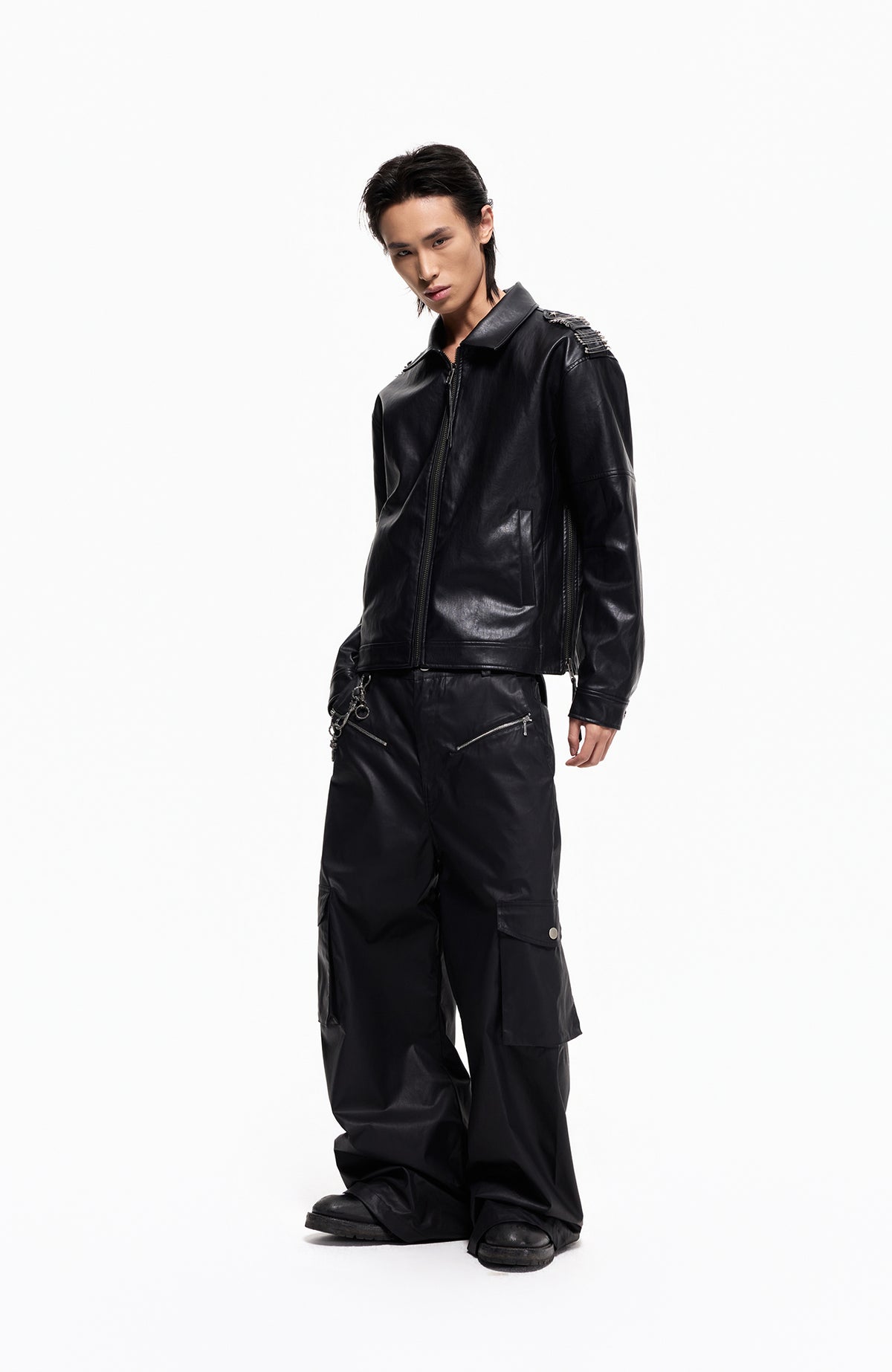 2000RSK Pin-Shoulder Faux Leather Biker Jacket