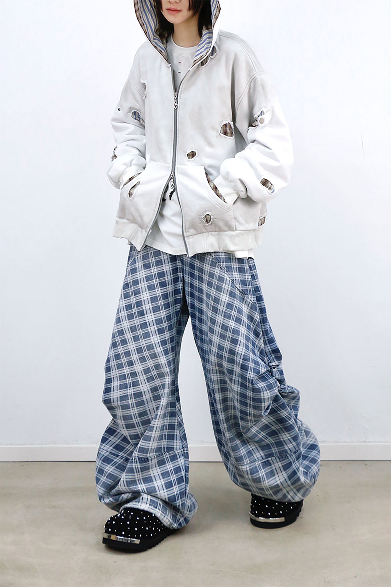 RELABEL Washed Plaid Paneled Oversized Jeans, premium urban and streetwear designers apparel on PROJECTISR.com, RELABEL