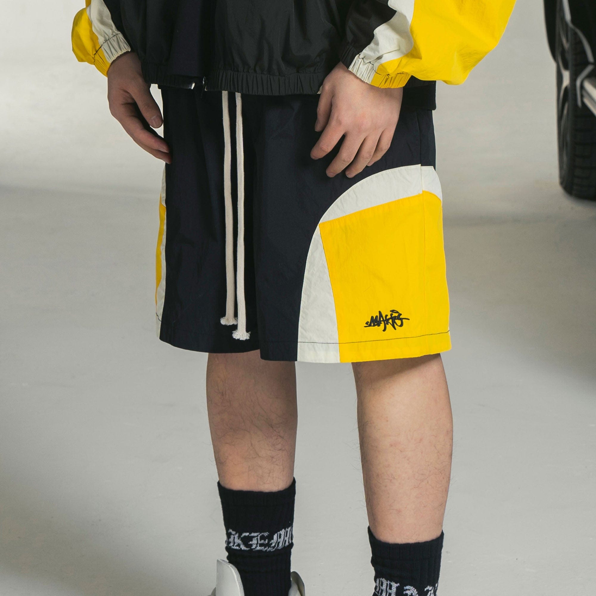MAKEMORE Retro Contrast Panel Embroidery Drawstring Shorts, premium urban and streetwear designers apparel on PROJECTISR.com, MAKEMORE