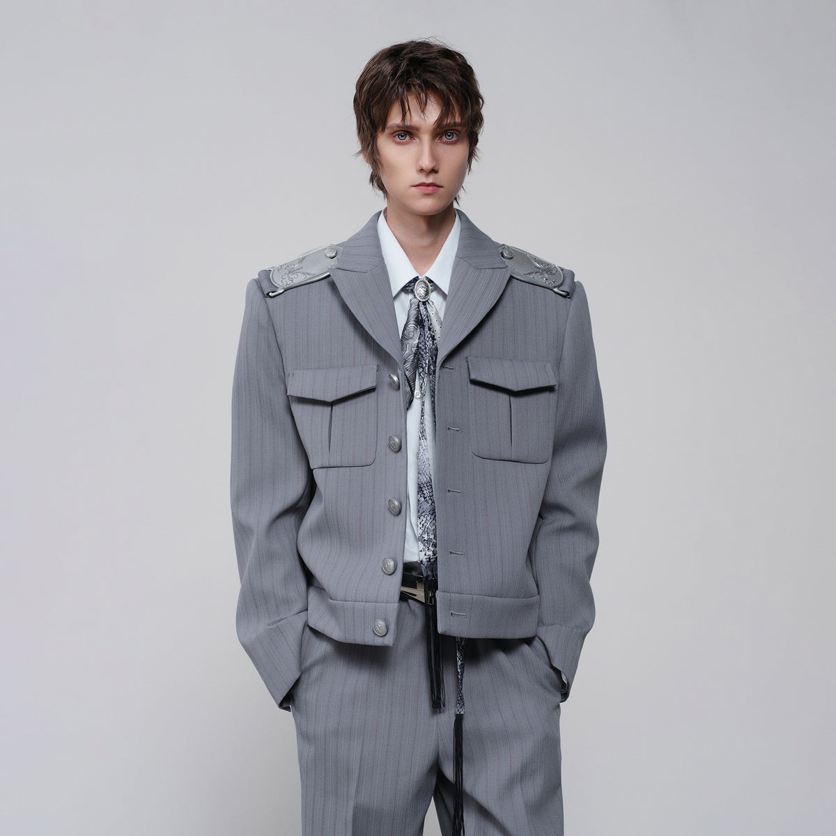 FACEONLAB Striped Epaulette Lapel Jacket