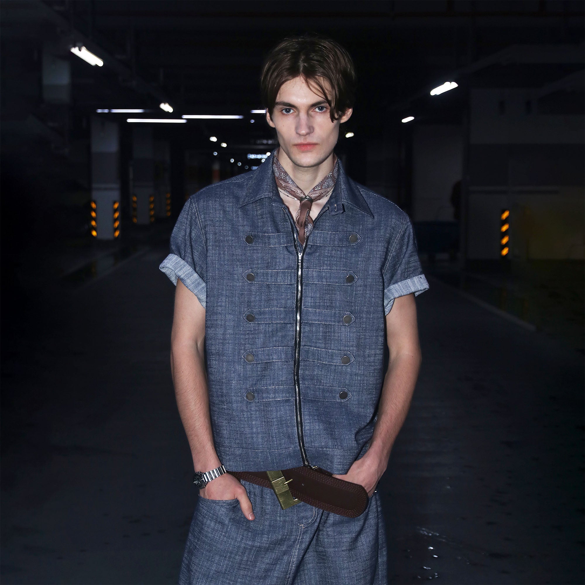 ASSEEN Linen-Blend Coin Button Denim Half Shirt