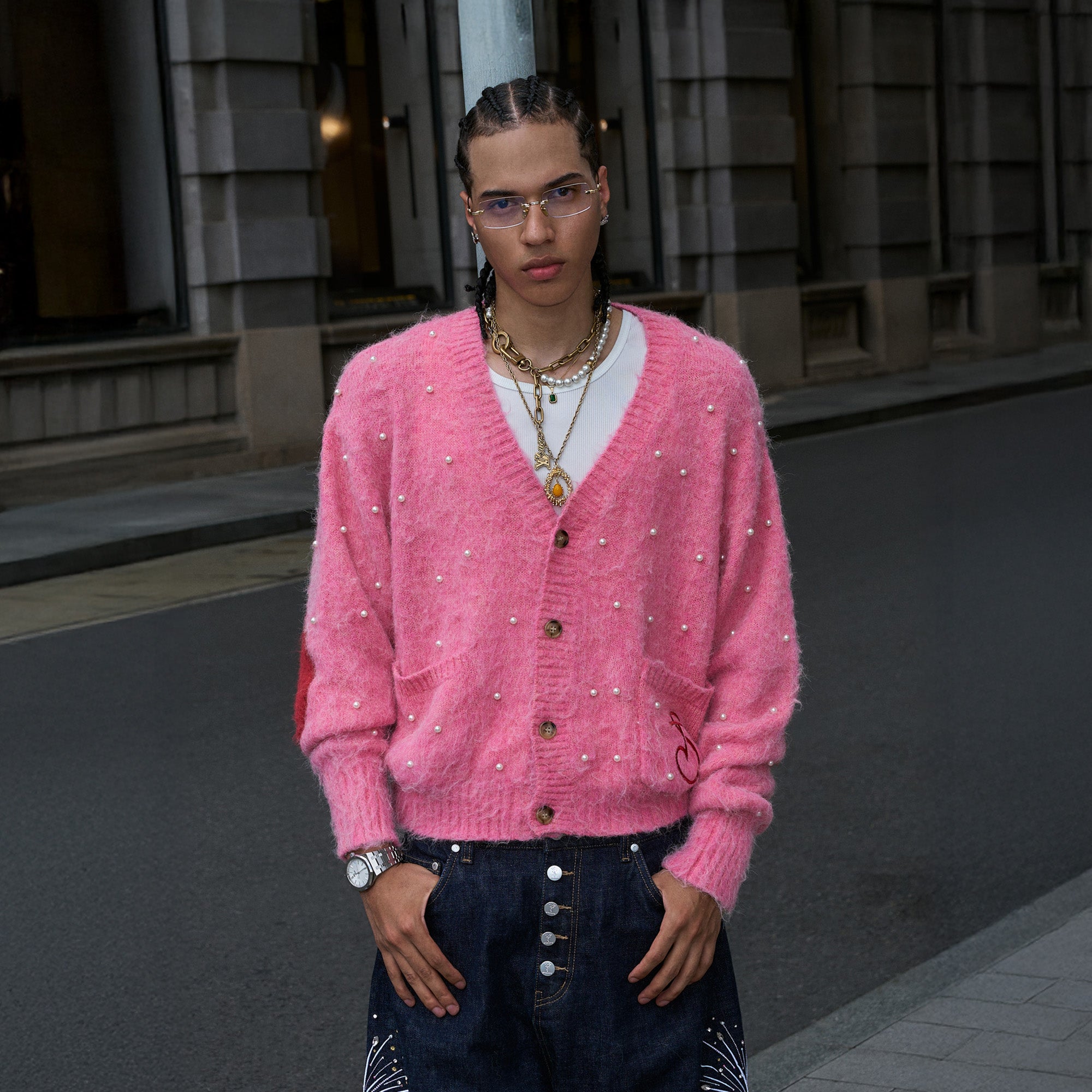 STEEPC Pearl-Studded Contrast Elbow Patch Cardigan
