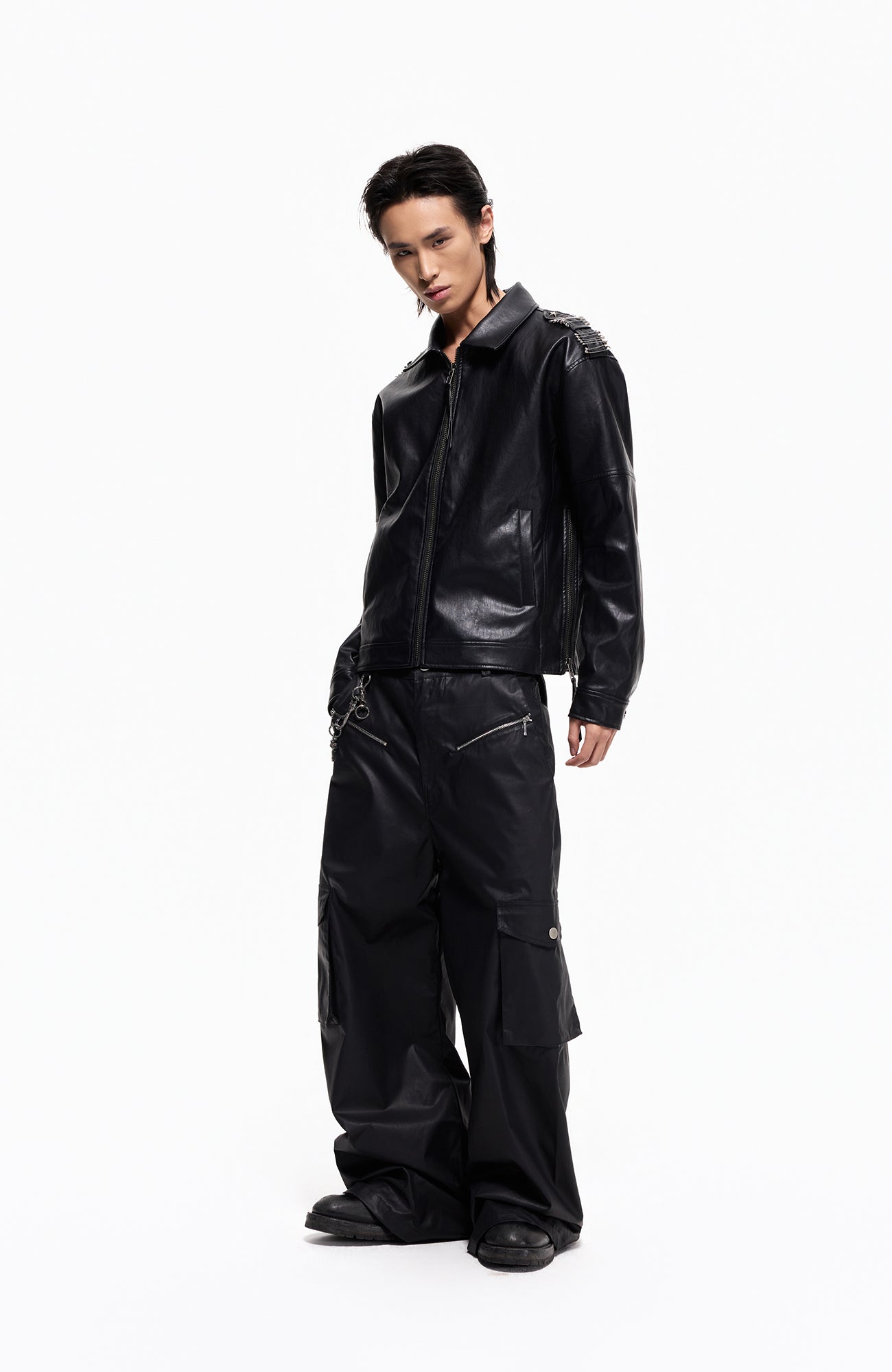 2000RSK Pin-Shoulder Faux Leather Biker Jacket