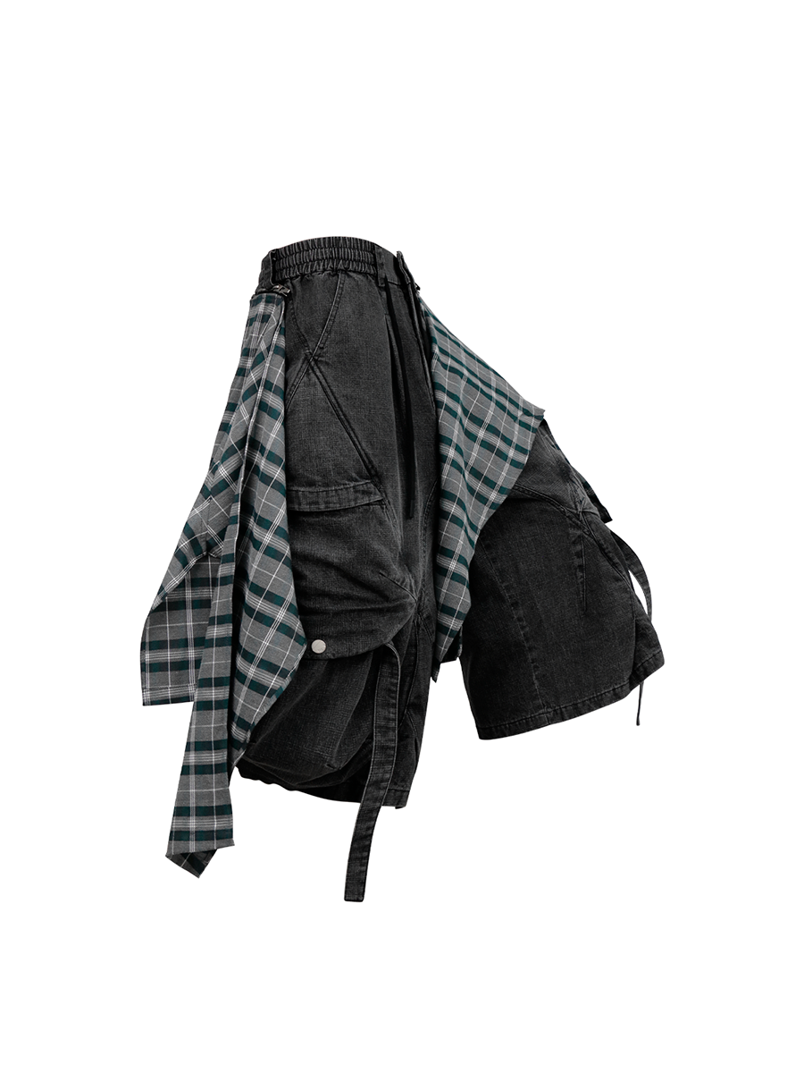 RELABEL Detachable Plaid Drape Oversized Denim Shorts, premium urban and streetwear designers apparel on PROJECTISR.com, RELABEL