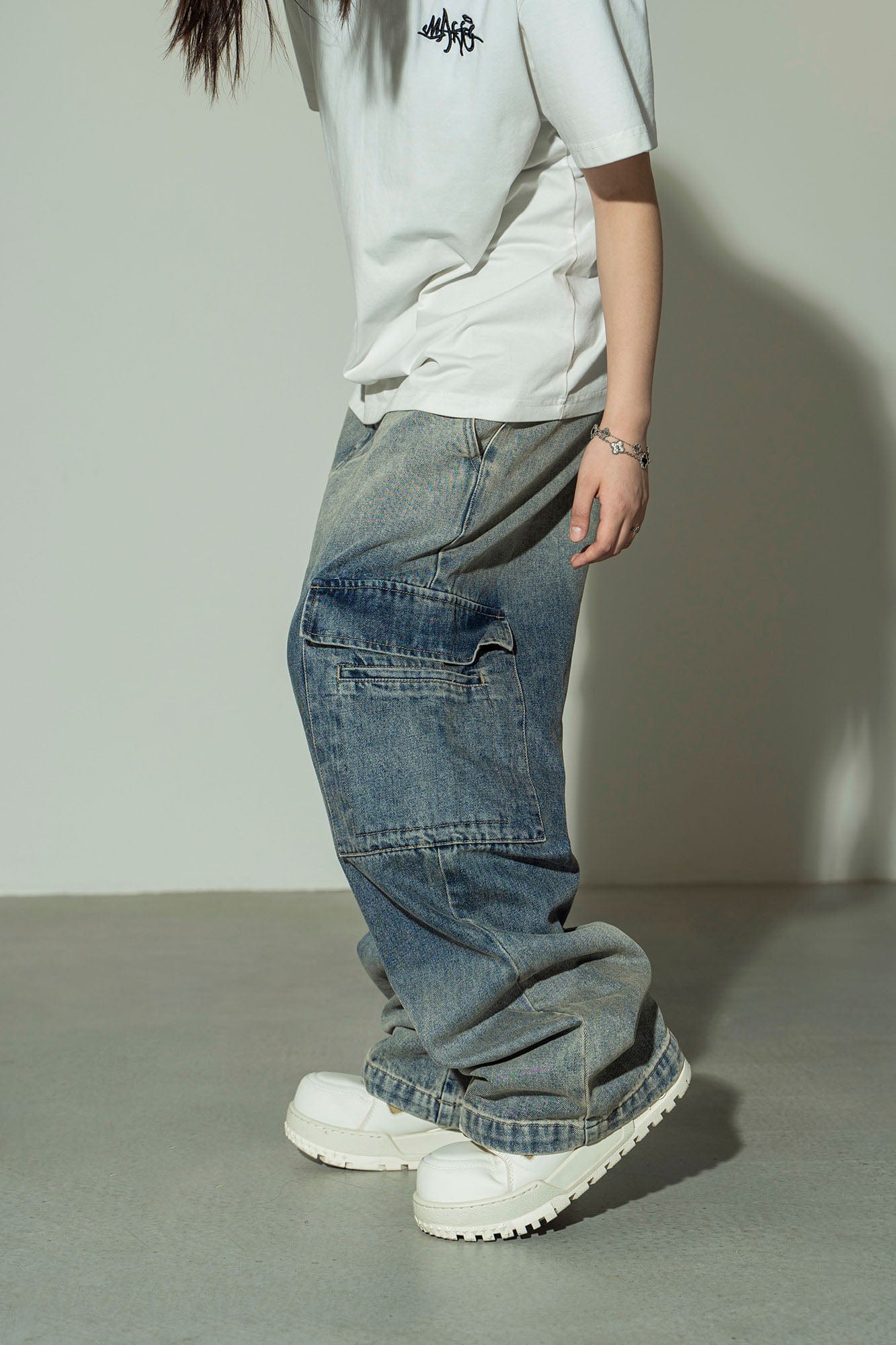 MAKEMORE Gradient Washed Wide-Leg Cargo Jeans, premium urban and streetwear designers apparel on PROJECTISR.com, MAKEMORE