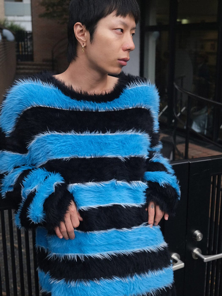 SOURPLUM Blue Striped Mohair Sweater, premium urban and streetwear designers apparel on PROJECTISR.com, SOURPLUM