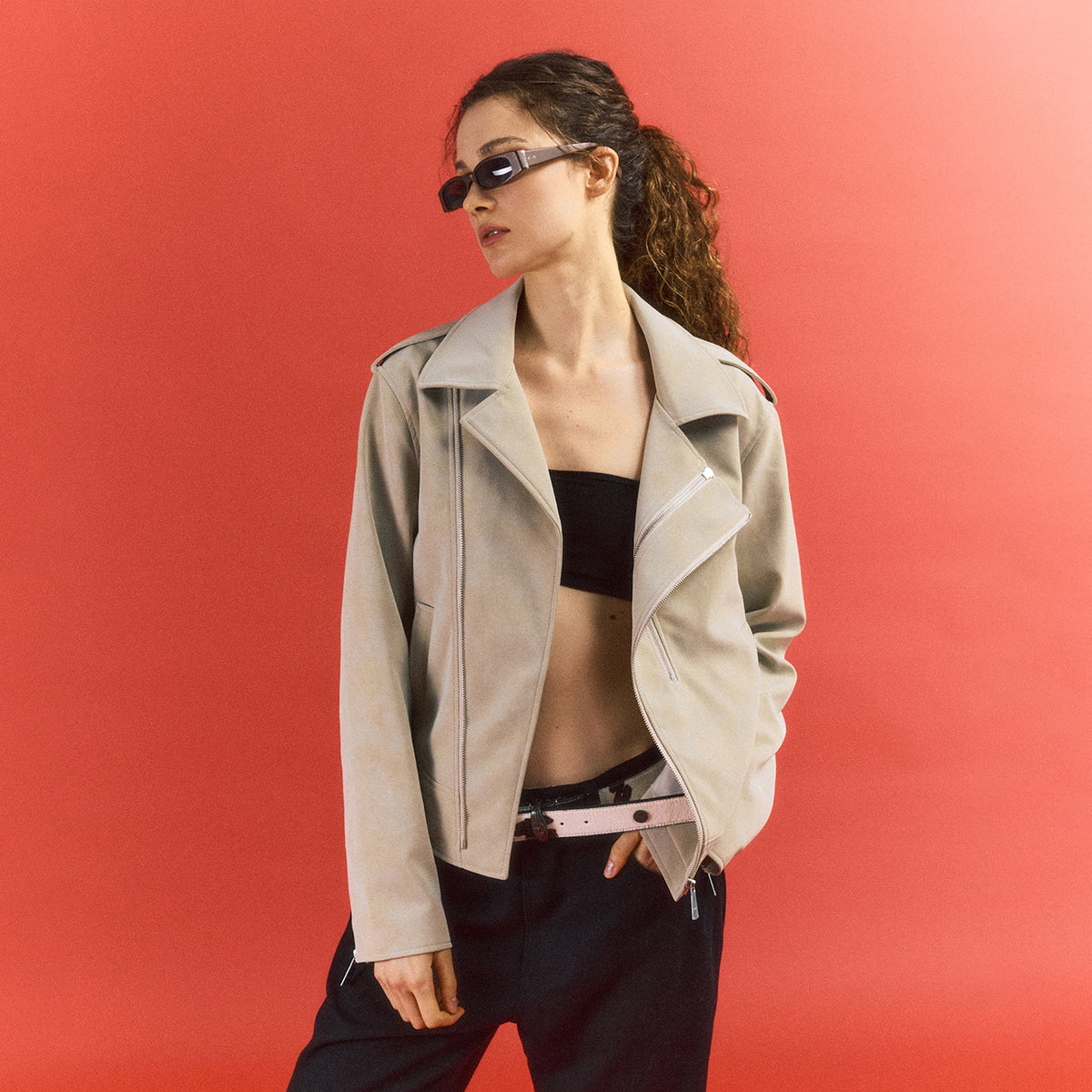 IN EXISTENCE Suede-Touch Double-Zip Biker Jacket