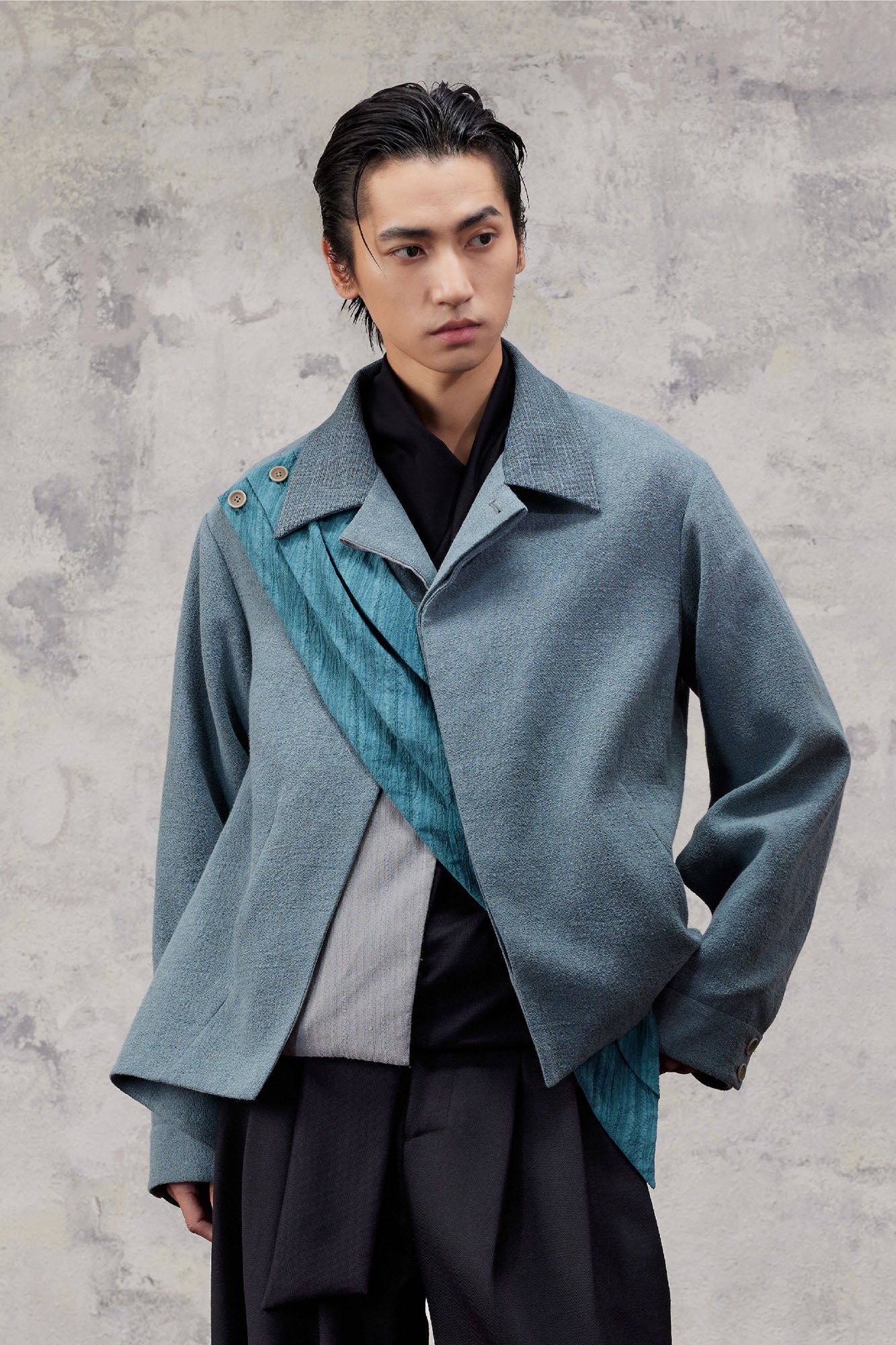 ALVNG AR ANTS Asymmetric Scarf Linen-Blend Jacket