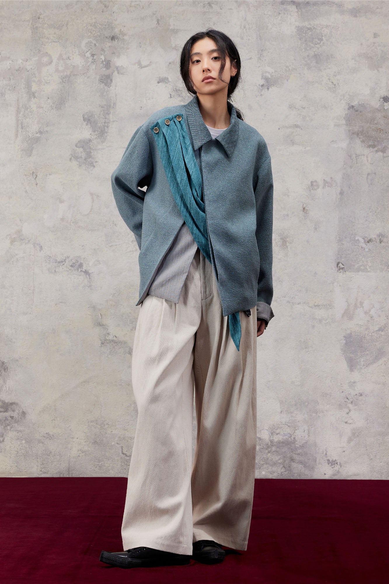 ALVNG AR ANTS Asymmetric Scarf Linen-Blend Jacket