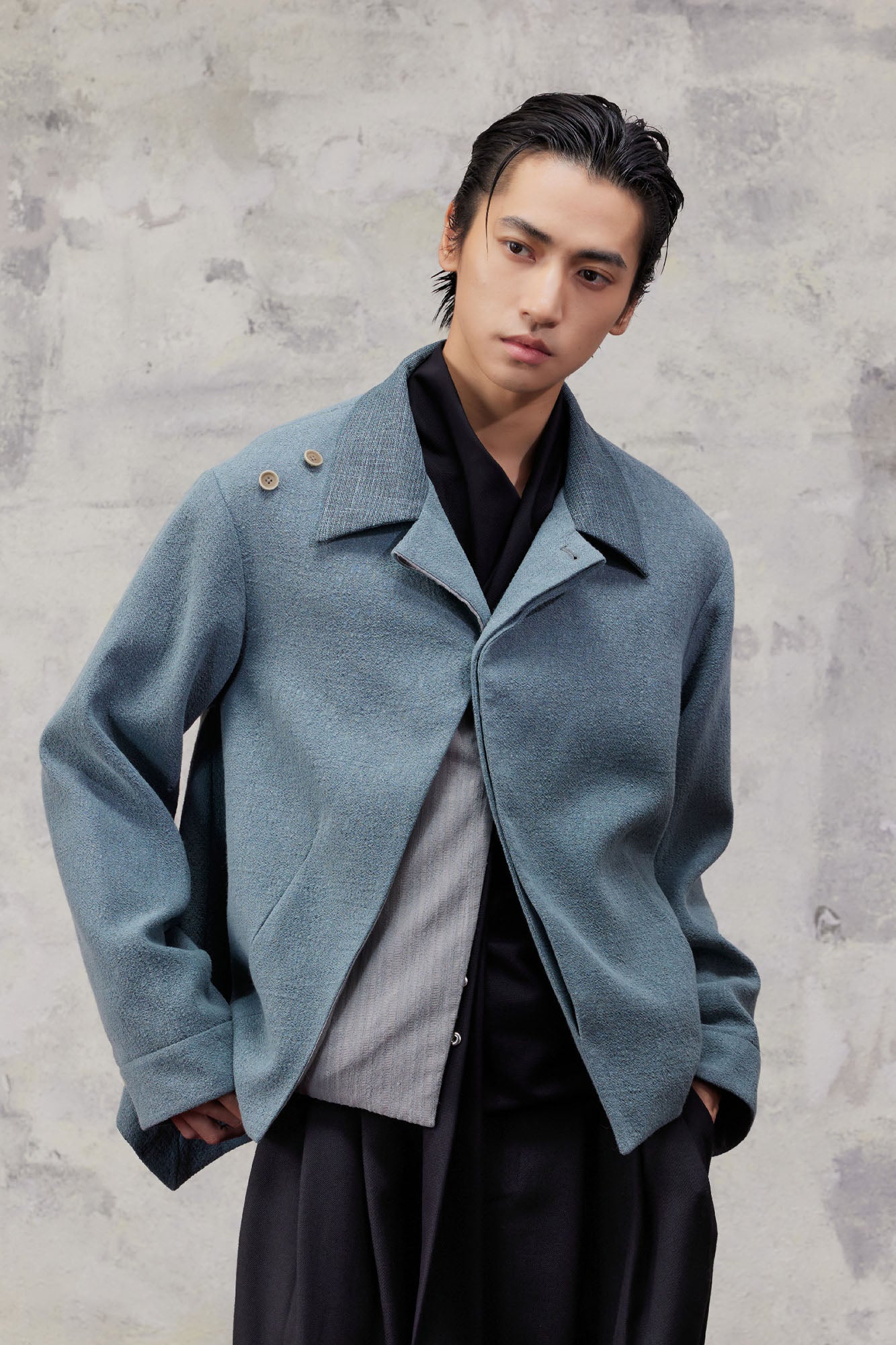 ALVNG AR ANTS Asymmetric Scarf Linen-Blend Jacket