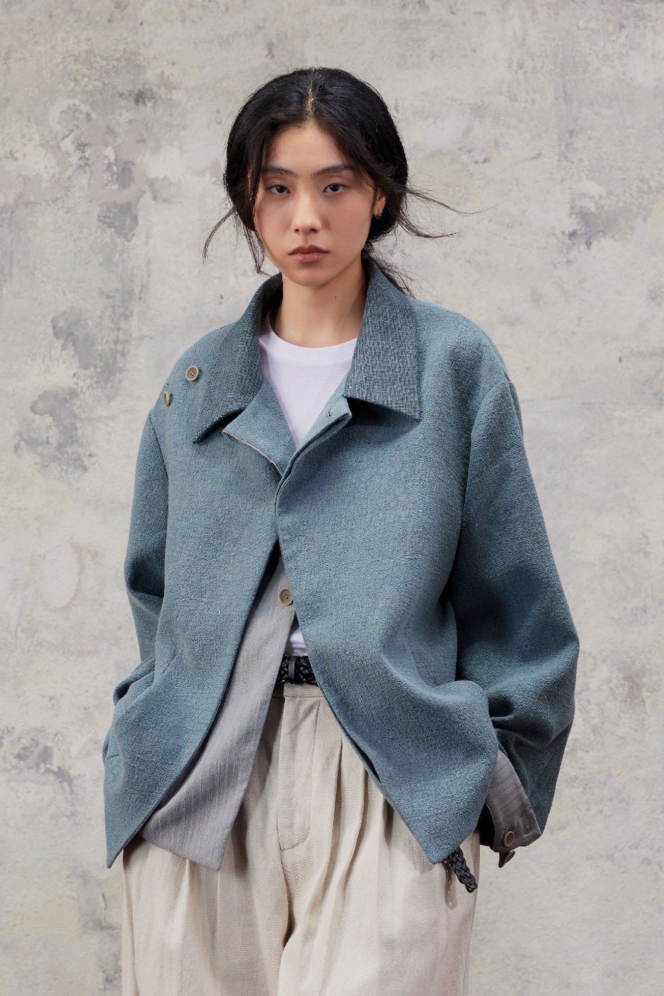 ALVNG AR ANTS Asymmetric Scarf Linen-Blend Jacket