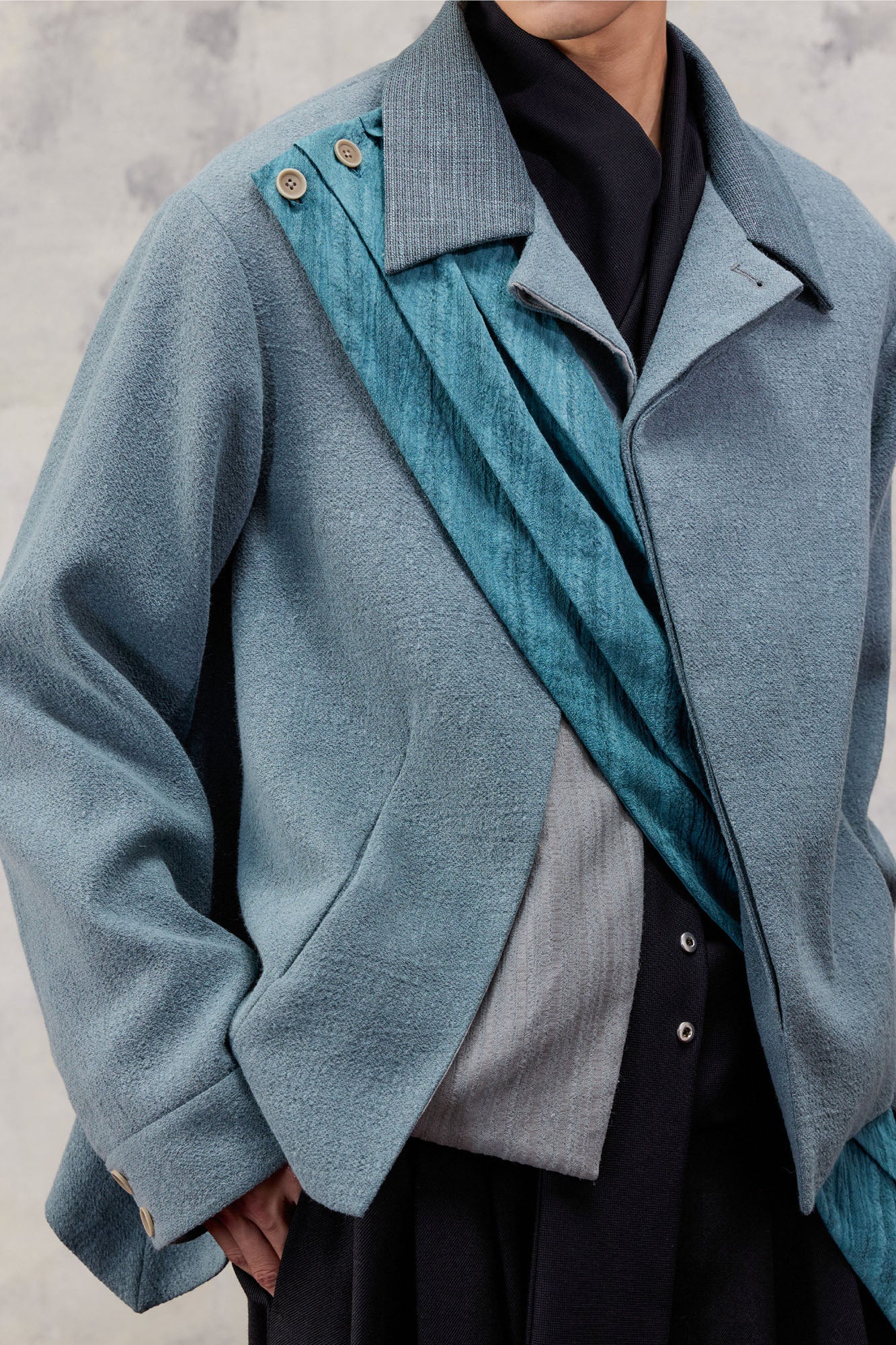 ALVNG AR ANTS Asymmetric Scarf Linen-Blend Jacket