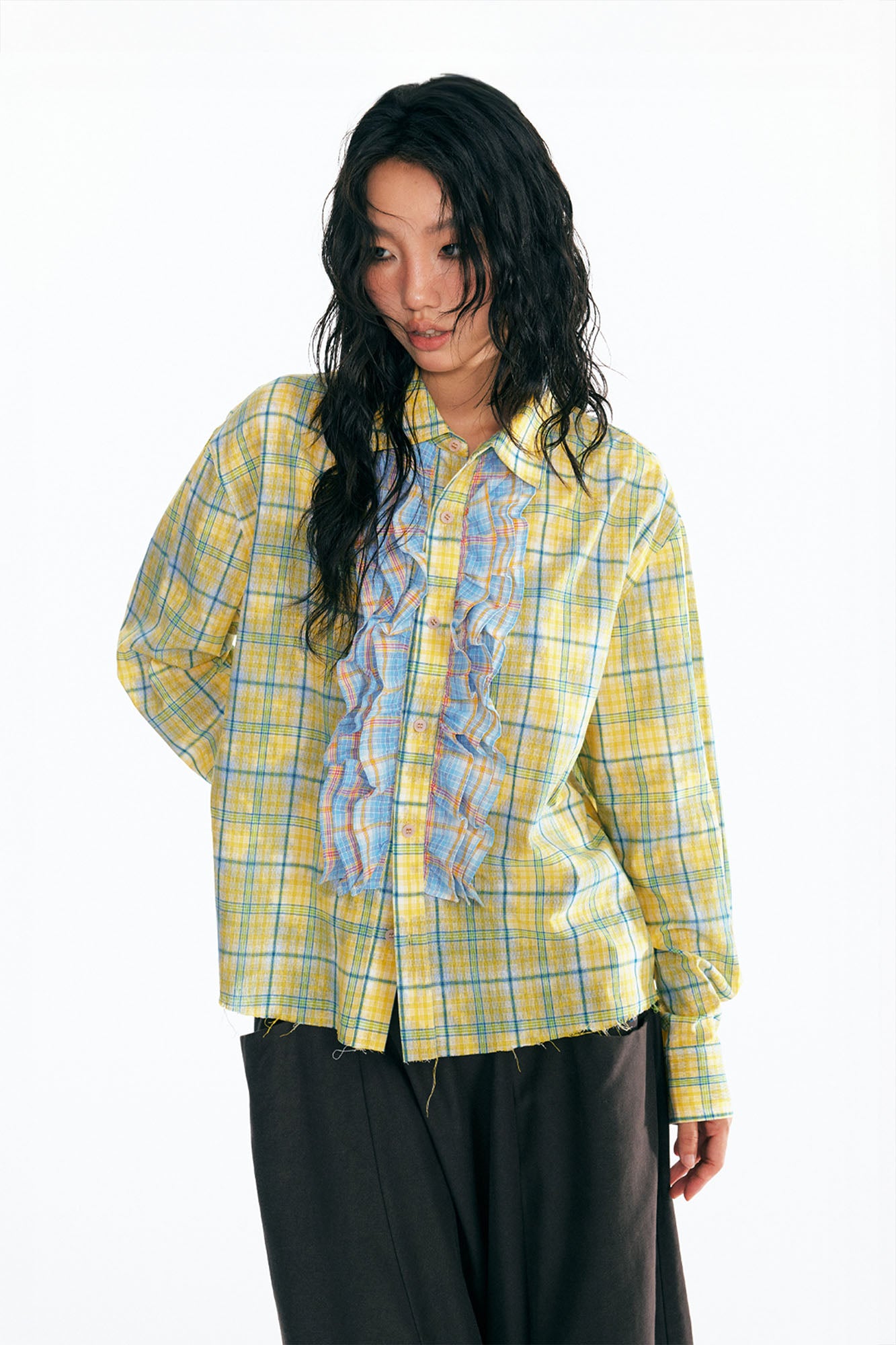 1997 POSTOFFICE Sesame Leaf Patch Ruffle Plaid Shirt, premium urban and streetwear designers apparel on PROJECTISR.com, 1997 POSTOFFICE